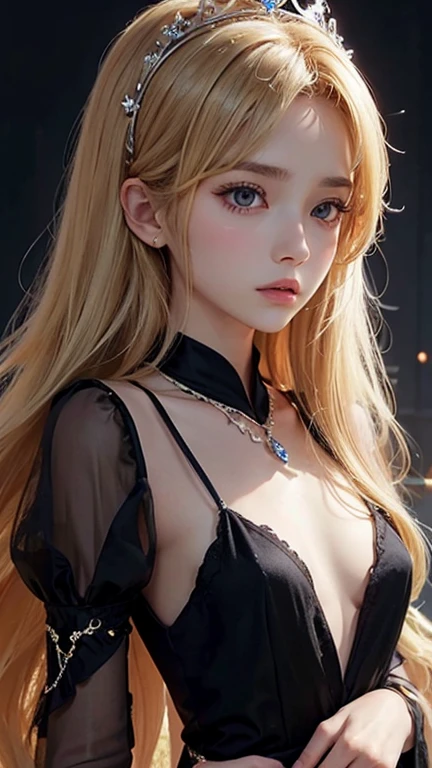 Small breasts,Blonde,Very pale brown skin,black eye,long hair,Princess,crown,necklace,Black Dress,Ashime,Upper body only,Confused expression,