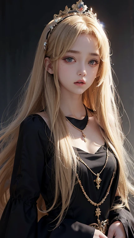 Small breasts,Blonde,Very pale brown skin,black eye,long hair,Princess,crown,necklace,Black Dress,Ashime,Upper body only,Confused expression,