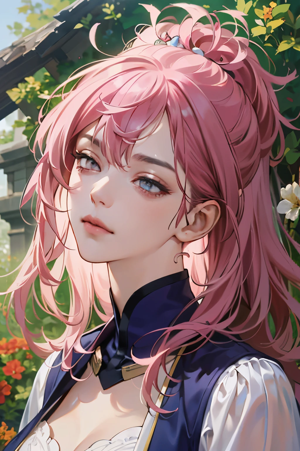 (extreamly delicate and beautiful:1.2), 8K,(masterpiece:1.0),(best_quality:1.0), 1 girl, and intricate detailing, Enlarged textures, and intricate detailing, finely eye and detailed face, and intricate detailing, shiraga, pink long hair, (closed mouths), Perfect eyes, Equal eyes, carolina eyes (A famale warrior) with warrior suit and weapon