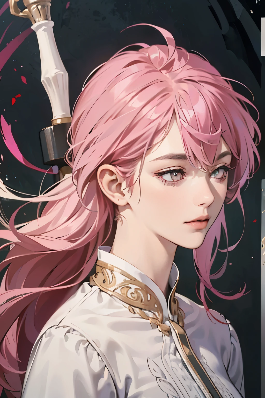 (extreamly delicate and beautiful:1.2), 8K,(masterpiece:1.0),(best_quality:1.0), 1 girl, and intricate detailing, Enlarged textures, and intricate detailing, finely eye and detailed face, and intricate detailing, shiraga, pink long hair, (closed mouths), Perfect eyes, Equal eyes, carolina eyes (A famale warrior) with warrior suit and weapon