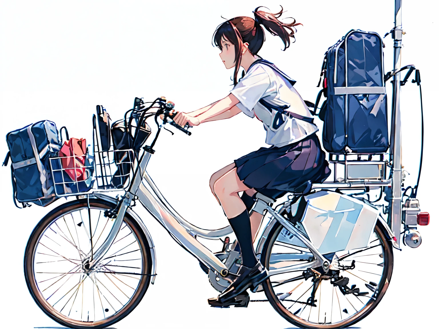 (masterpiece, highest quality:1.2), Reality、(One girl riding a bicycle), alone、high school girl、uniform、(no bags)、(whole)、(From diagonally ahead)、(Blank background)、(White background)、Watercolor style