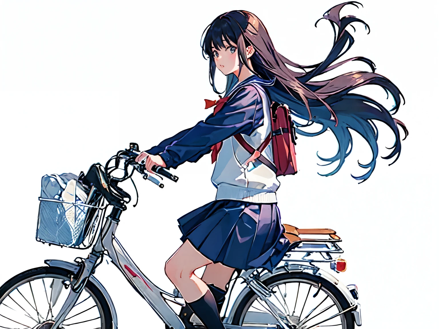 (masterpiece, highest quality:1.2), Reality、(One girl riding a bicycle), alone、high school girl、uniform、(no bags)、(whole)、(From diagonally ahead)、(Blank background)、(White background)、Watercolor style