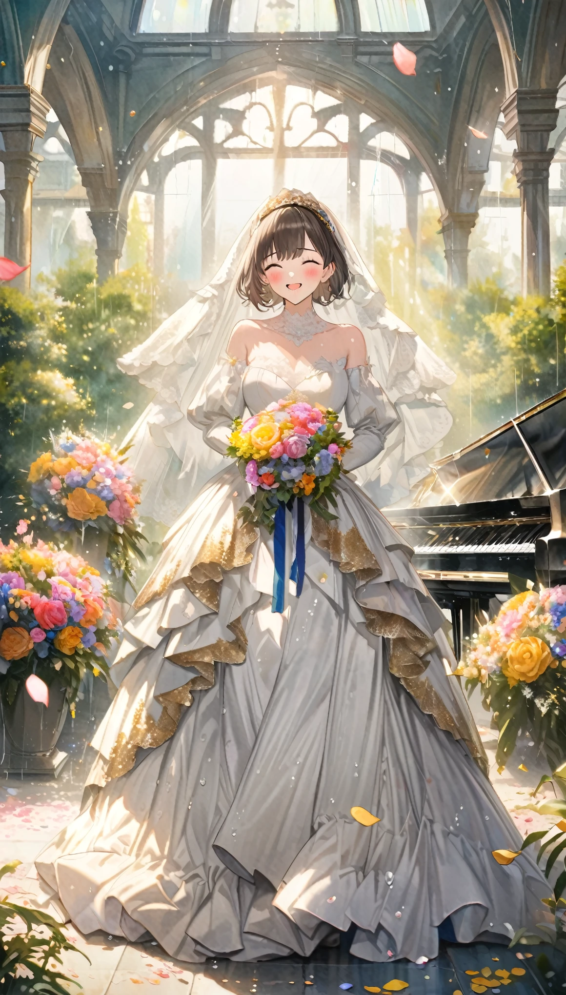 fusion of oil painting and watercolor painting, best quality, super fine, 16k, incredibly absurdres, extremely detailed, delicate and dynamic, beautiful cute woman, happy, smile, shy, lovely wedding dress and veil with frills and lace, bouquet toss, colorful flower petals, white grand piano in the grassy courtyard of Northern Renaissance mansion, season is June, sunlight filtering through the trees, rain showers, sparkling raindrops, various image effects in gentle colors with gold glitter