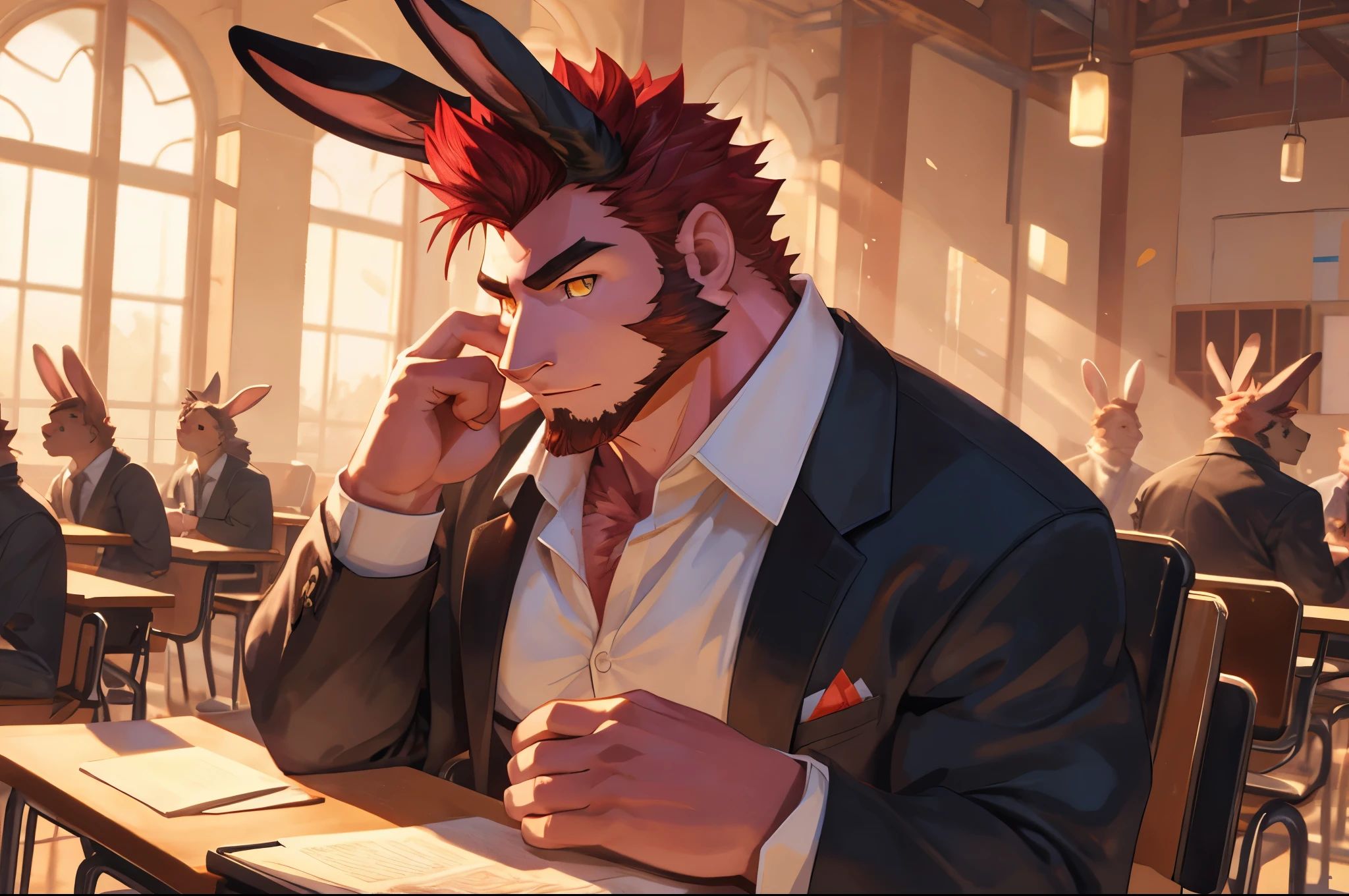 ((best quality)), ((masterpiece)), (detailed), perfect face, bara furry, rabbit man, big body, pink skin, short quiff red hair, yellow eyes, perfect eyes, long rabbit ears, handsome, open shirt at school big dick, snfw