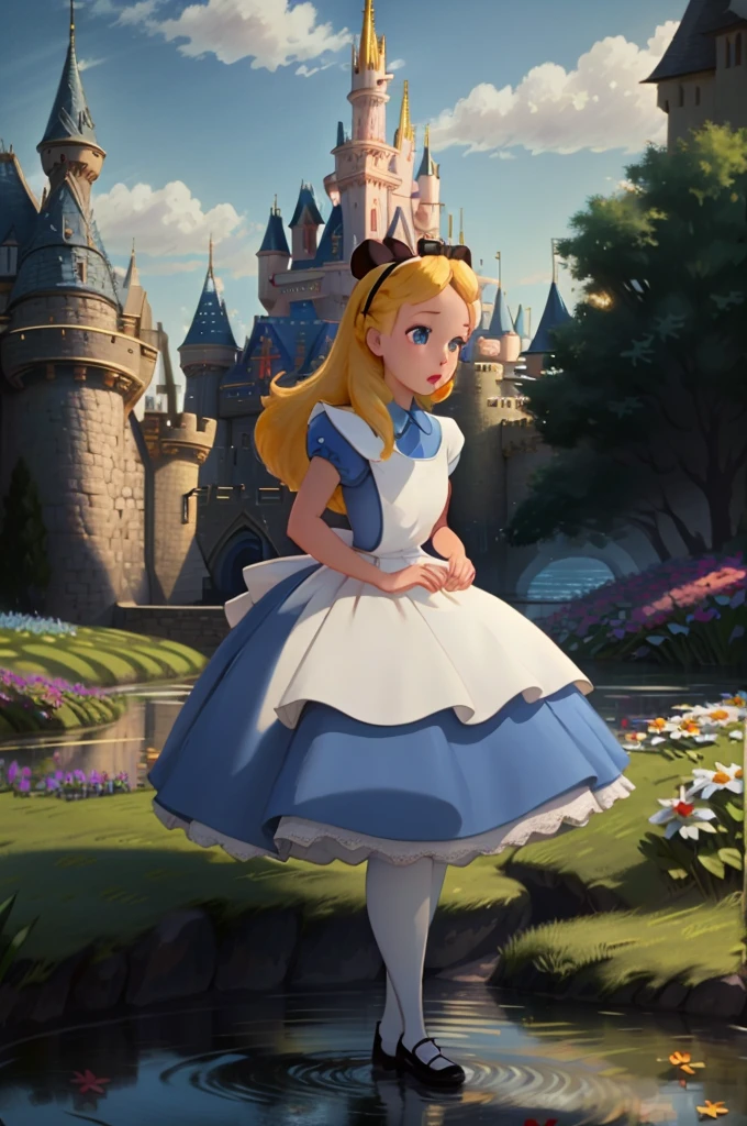 (masterpiece), (best quality), (extremely detailed), alice liddell, blue dress, white apron, black hairband, white long socks, cute pose, in a flower garden, (pond), (((disney castle at the background))), (blue sky), (sunny day), 3d. Illustration, Good Highlights, Perfect Proportions, dynamic, Professional, Award winning, (high detailed skin), (high detailed face), photorealistic, HDR, ultra highres, absurdres,