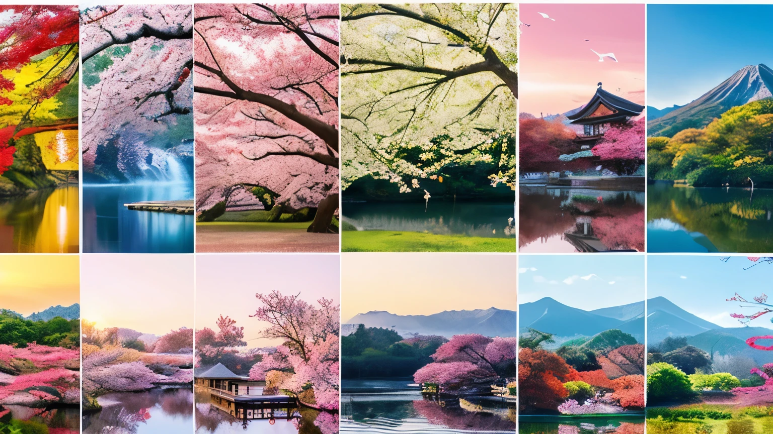 "A wide banner featuring a collage of Japan's four seasons: cherry blossoms in vibrant pink for spring, lively festival fireworks for summer, rich hues of autumn leaves, and serene white snowscapes for winter. The collage should blend these elements seamlessly, representing the diverse beauty of Japanese seasons. This banner is designed for a YouTube channel that highlights the splendor of Japan."