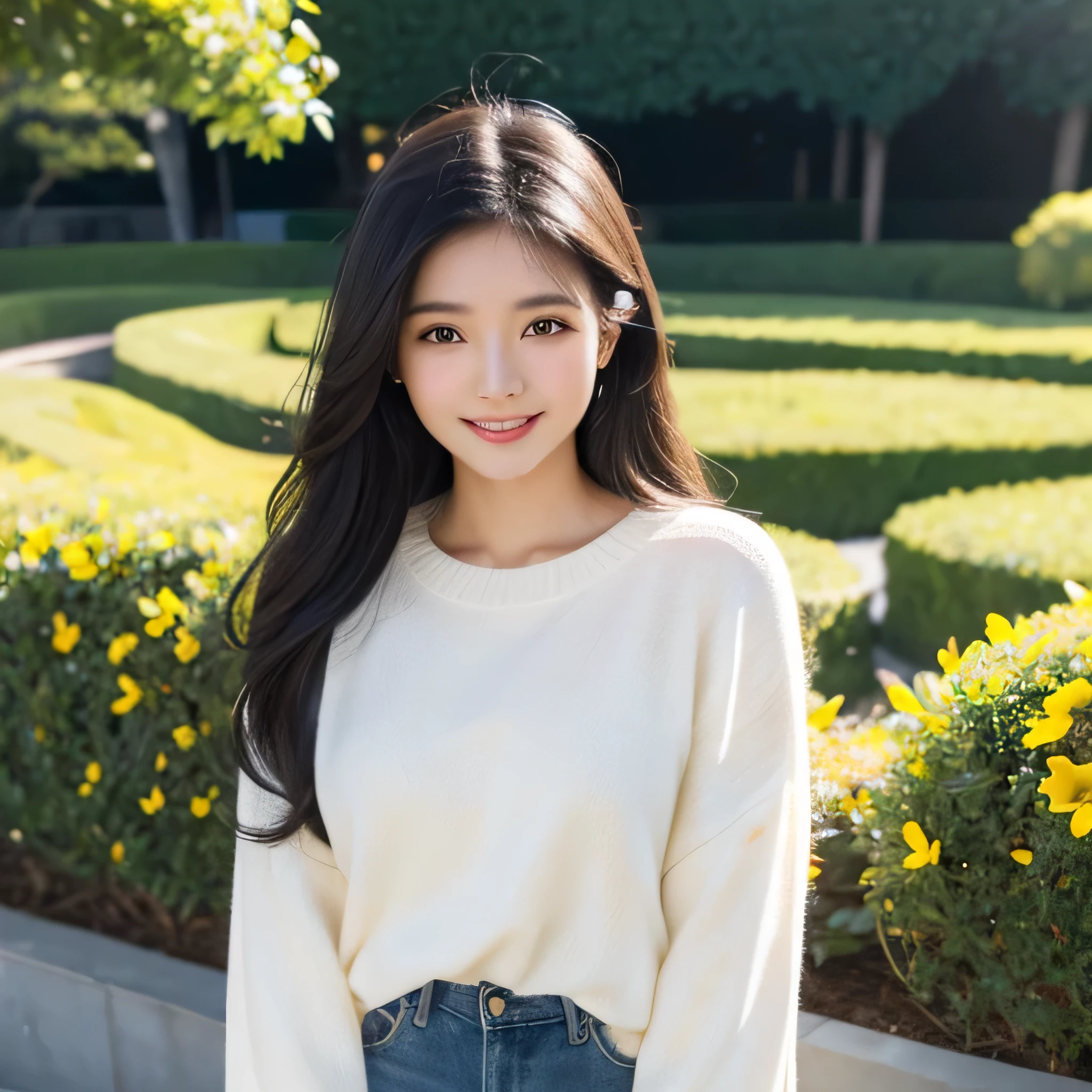 4k, Best quality, masterpiece, asian girl, 1girl, sexy, cute, smile, white skin, long hair, black hair, yellow sweater, blue jeans, garden, sunlower, close up