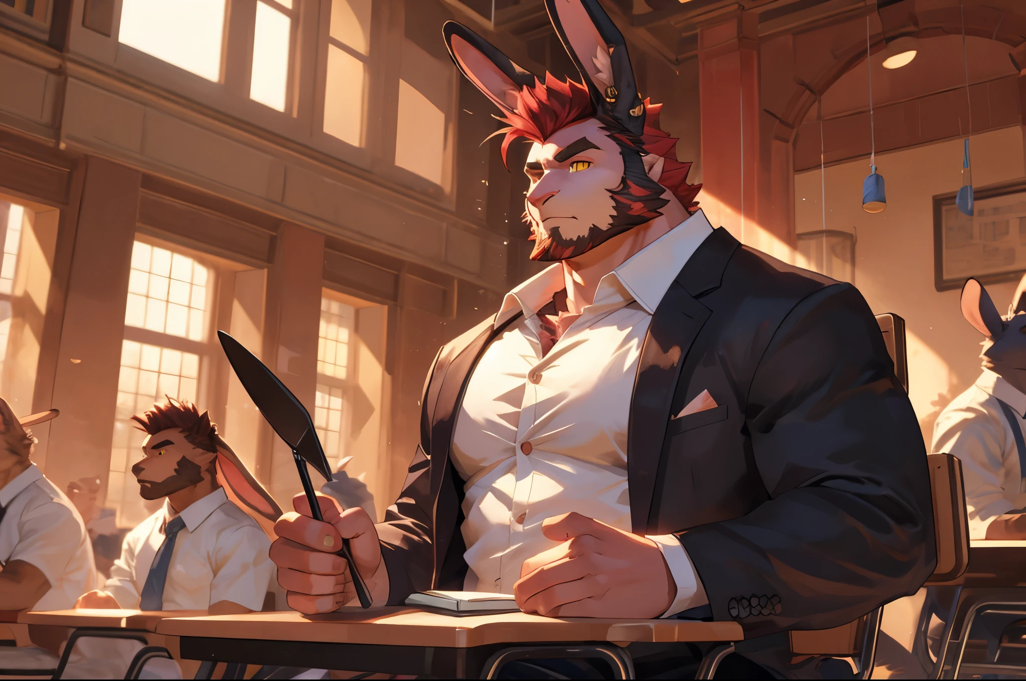 ((best quality)), ((masterpiece)), (detailed), perfect face, bara furry, rabbit man, big body, pink skin, short quiff red hair, yellow eyes, perfect eyes, long rabbit ears, handsome, open shirt at school big dick, snfw