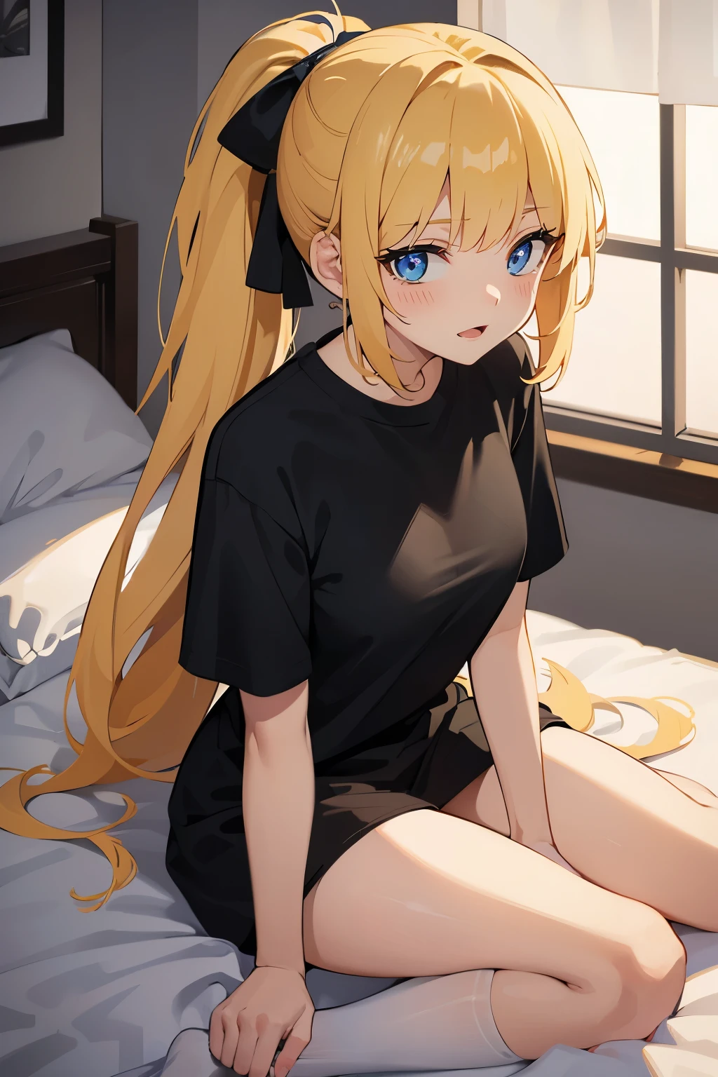 Safe for work, masterpiece, best quality, solo, 1 girl, looking at camera, (young female body:1.4), ( medium small breasts), golden yellow hair, extra long hair, blunt bangs, crystal blue eyes, very detailed eyes, bedroom, sitting on bed, night time, oversized black tshirt, baggy black tshirt, knee high socks, smiling, blushing, ponytail, plain black big t shirt