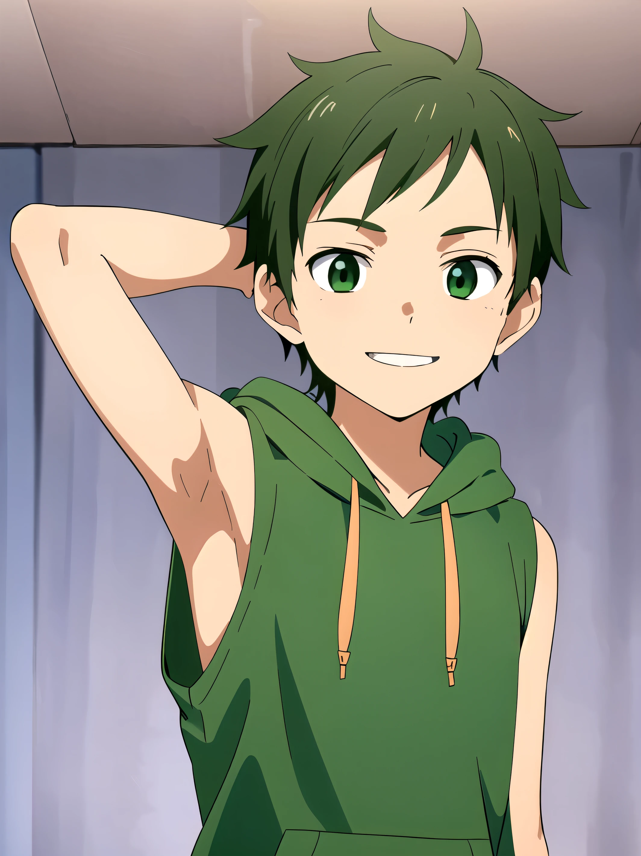 Highres, Masterpiece, Best quality at best,Best Quality,hight quality, hight detailed, 1boy, Shota, Solo, Cute boy, Torso, Green hoodie, Sleeveless hoodie, Smile, (Very young boy), (Very small and short body), -yeld bo (Showing armpit:1.3), Simple beckground