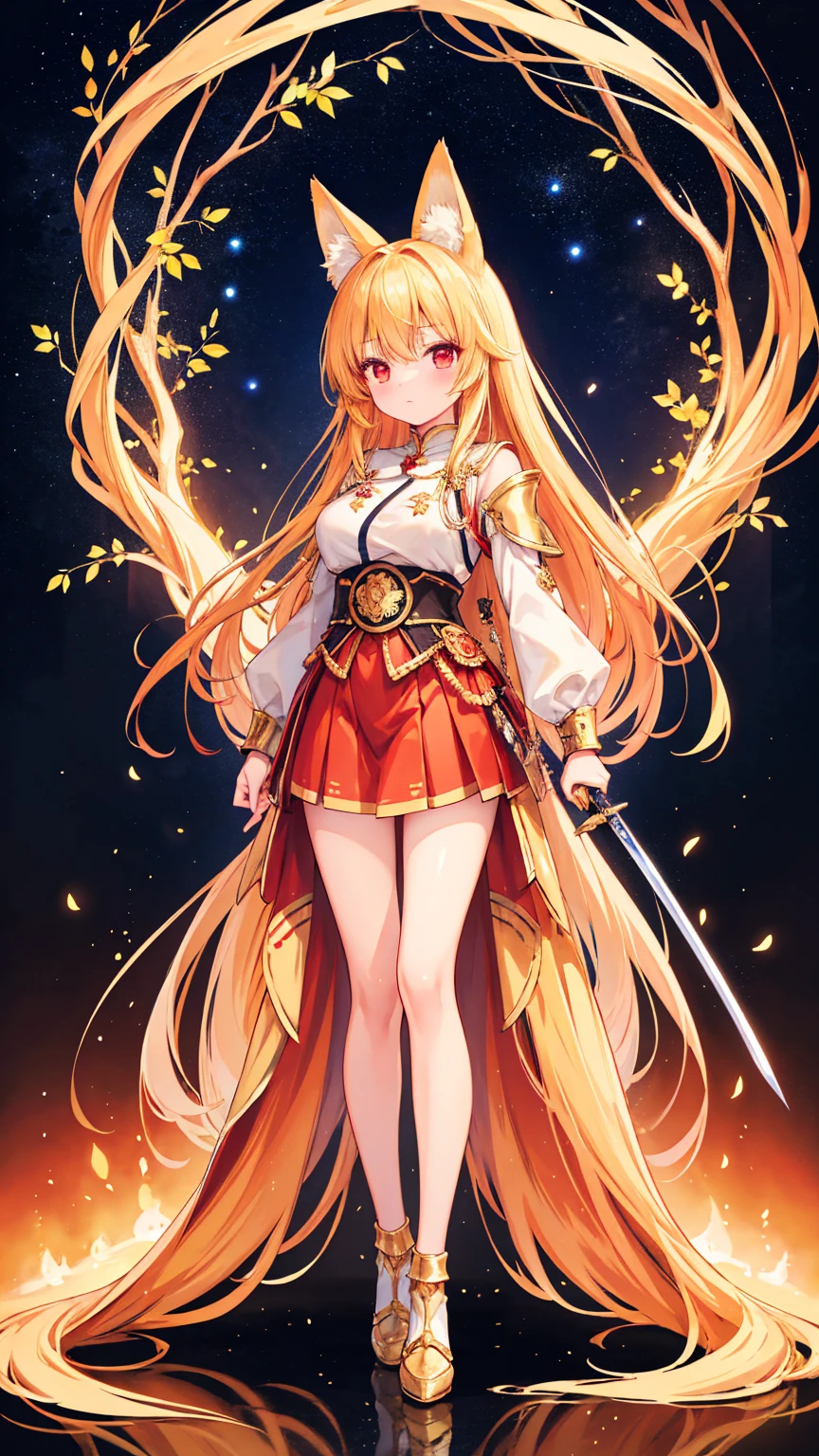 （masterpiece）、(highest quality)、((Very detailed))、(Very delicate)、cute、Golden Hair、Beautiful breasts、Nice、Fantastic forest and starry sky、Golden fox tail、Golden fox ears、Red eyes、one person、Long Hair、(Full body portrait),(Are standing:1.3)、Absolute area、cute鎧服、（Full body golden metal armor）、sword、透き通るsword、蒼いsword