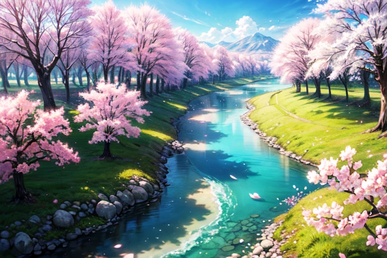 Draw a river with a small village., anime beautiful world scene, Very beautiful landscape, landscape artwork, Detail of landscape art, very beautiful digital art, The beauty of the natural landscape, beautiful art UHD 4K, very beautiful photos, Beautiful nature, Landscape wallpaper, really Beautiful nature, beautiful digital images, beautiful background, cherry blossom trees, anime style