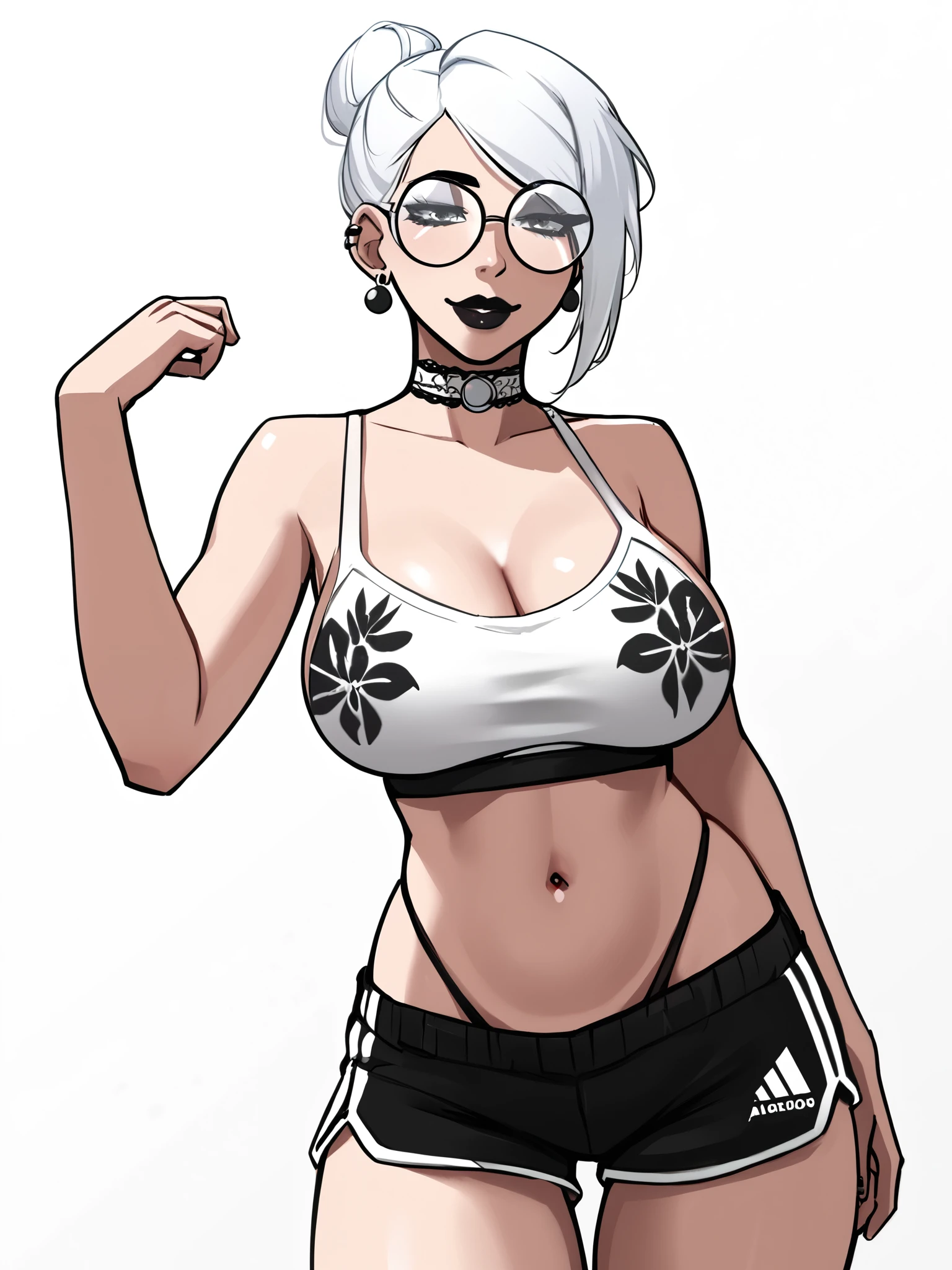 score_9, score_8_up, score_7_up, score_6_up, score_5_up, score_4_up,
BREAK
1girl, white hair, bun hair, tomboy, grey eyes, thick lips, light smile, long eyelashes, half-closed eyes, black-framed eyewear, round eyewear, black choker, swept bangs, adult, mature, black eyeliner, ear piercing, black lips, grey eyeshadow, looking at viewer,
BREAK
solo, standing, large breasts, adult, skinny, wedgie, highleg, arched back, thigh gap, white crop to, black sport shorts, white stripes, patterned clothing, adidas, black thong, floral print choker, goth,
BREAK
(white background:1.2), simple background, dynamic pose, dynamic angle, angled shot, 