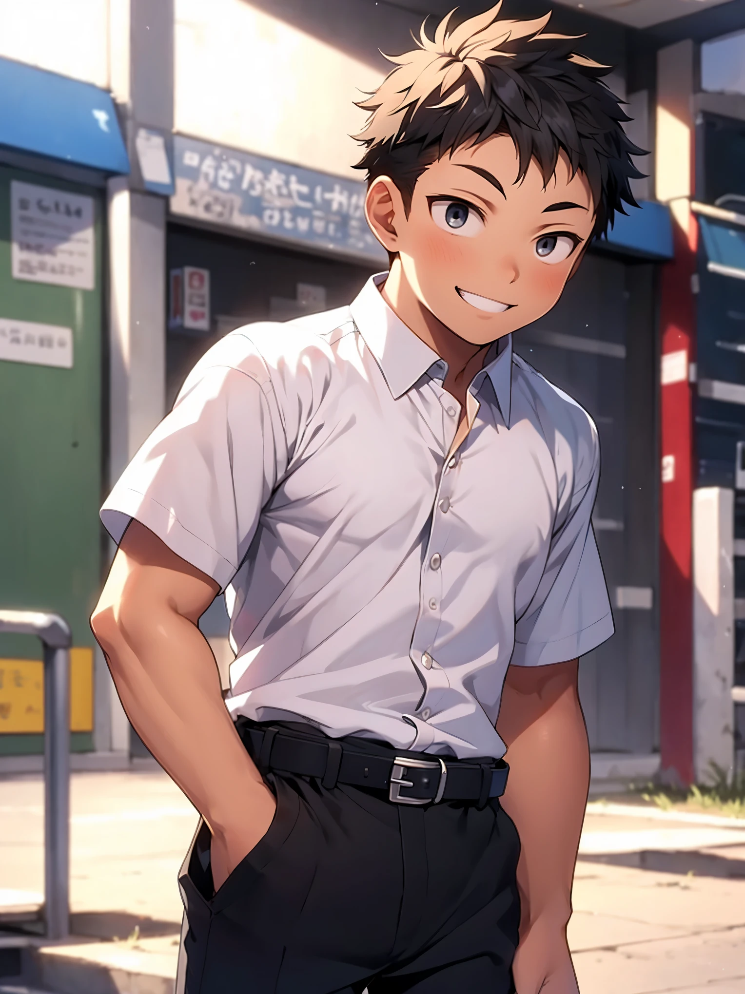 1 boy,shy smile,black eyes,18 years old,white open collared shirt,Short sleeves,black slacks,belt,School zone,(detailed eyes),detailed skin,masterpiece