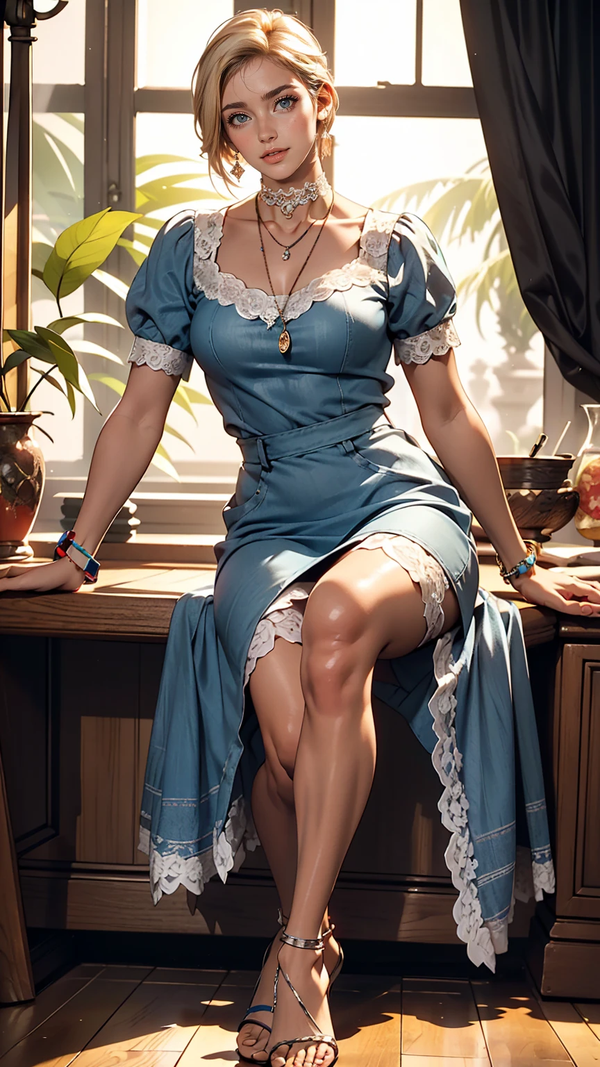(8K, RAW Photos, highest quality, masterpiece:1.2), (Realistic, photo-Realistic:1.37)、Fashion model body type、Having her hair done、My chest is popping out、Wear accessories on your wrist、Wearing accessories on the ankle、smile、White woman、Platinum Blonde、blue eyes、Two Side Up((hair two side up))、Illusion Neck((illusion neck))Wear a dress、Wear mules、smile
、Tropical、Wear a lace choker