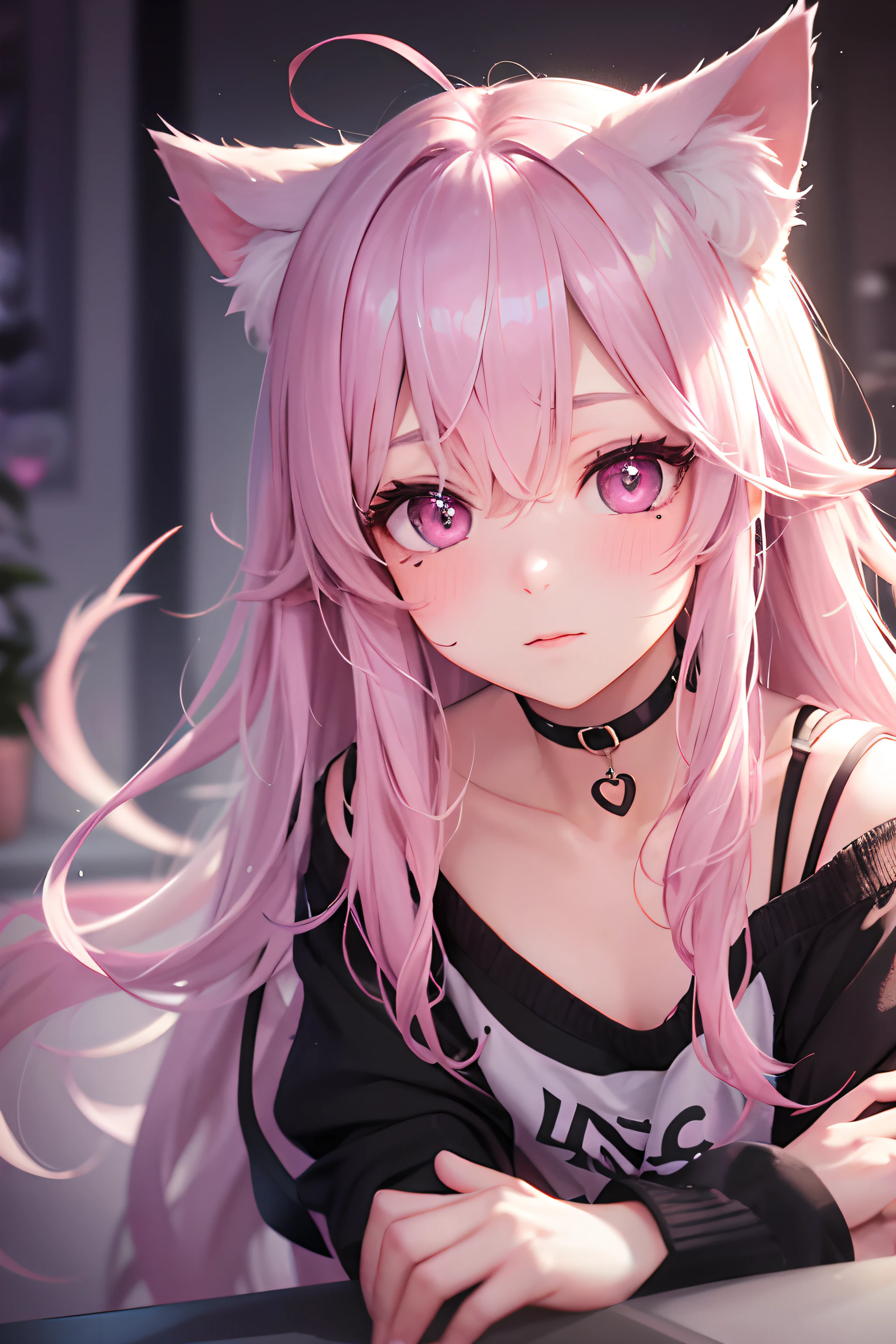 Horizontal hair,Pink double ponytail hairstyle, There is a mole under the eye, Mole under mouth, Heart-shaped pupil, Long eyelashes, pink eyes, heart shaped collar、whole body、Watching the audience、Shy, blush, ivory, ear blush, nose blush,Anime style, Color Field Painting, Ray Tracing, bloom, One person's point of view, north african free trade area, The award-winning, 16K, best quality, High Detail, high quality, On the table, High resolution, precise, Super Detail、Cat without ears