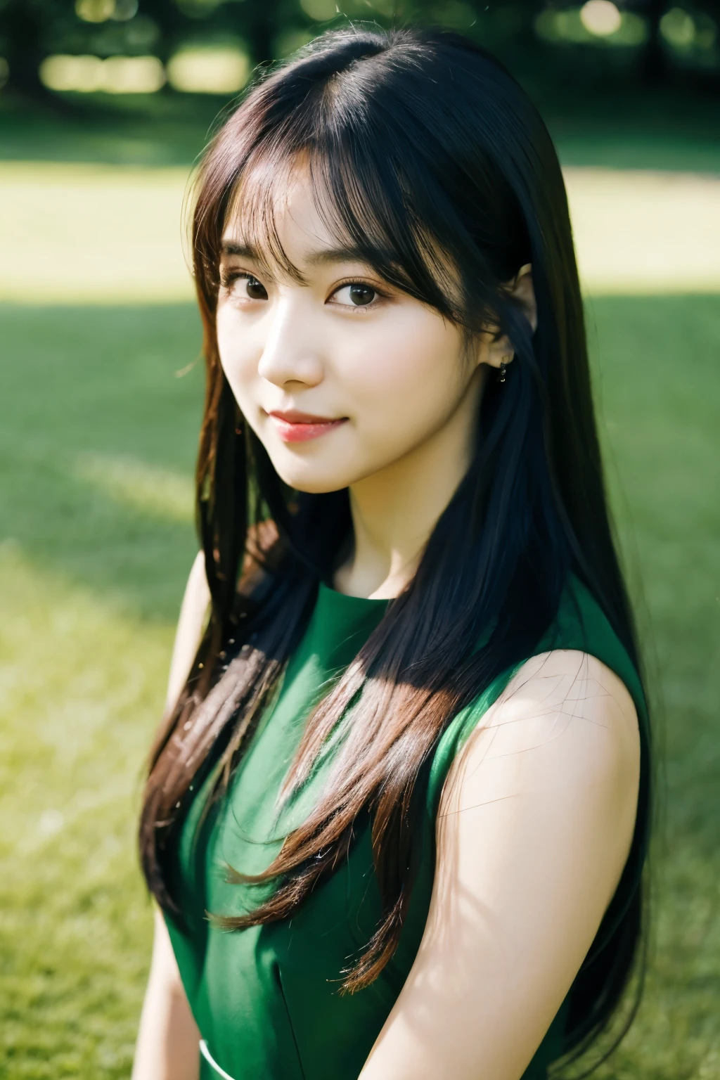 a woman with long hair wearing a black dress and a green belt, jaeyeon nam, portrait of female korean idol, lee ji - eun, lee ji-eun, Yoshitomo Nara, park ji-min, hwang se - on, sui ishida with black hair, lalisa manobal, chiho