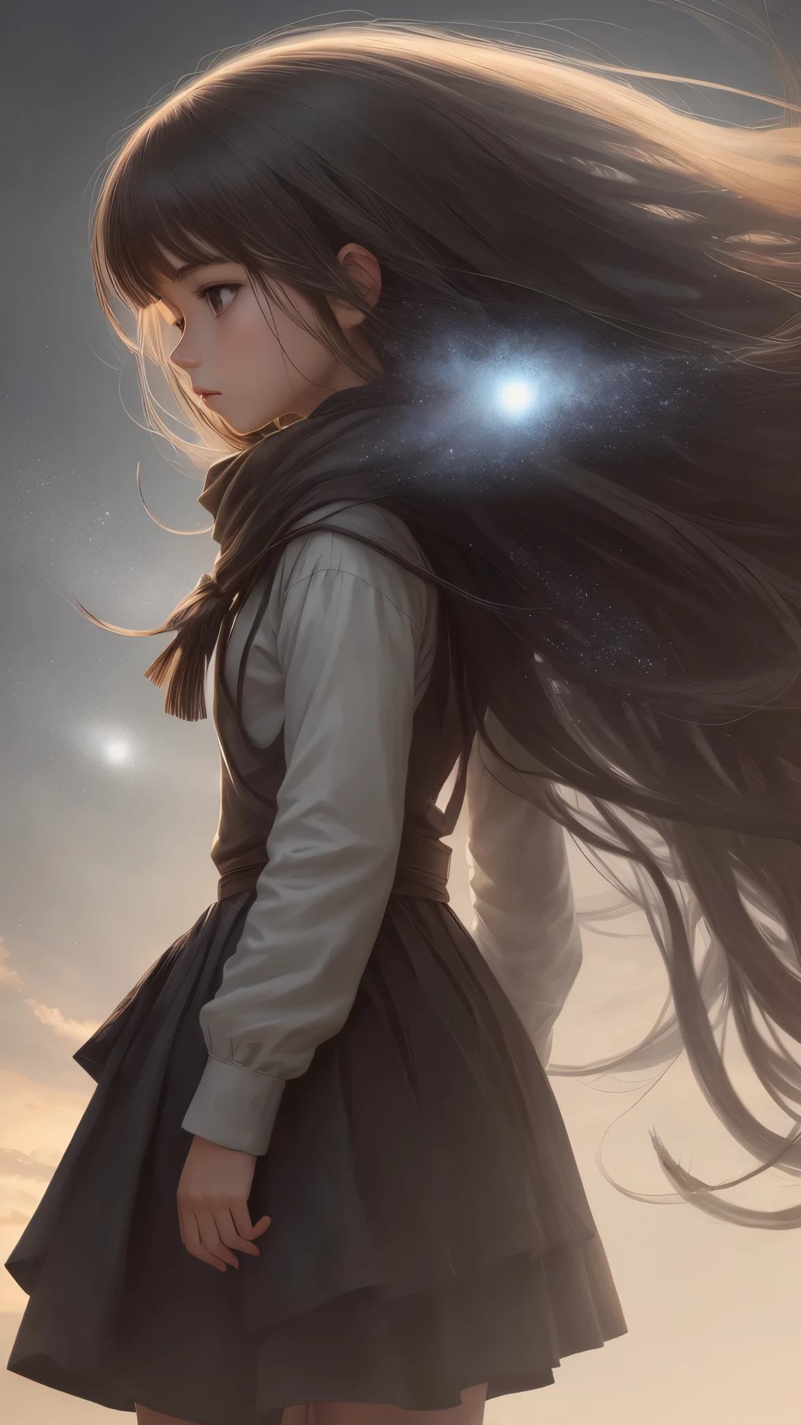 (Best Quality, Artwork), 1 Girl, Looking Down, Wind, Particle, Simple Background, Dark Mood, Trunk,