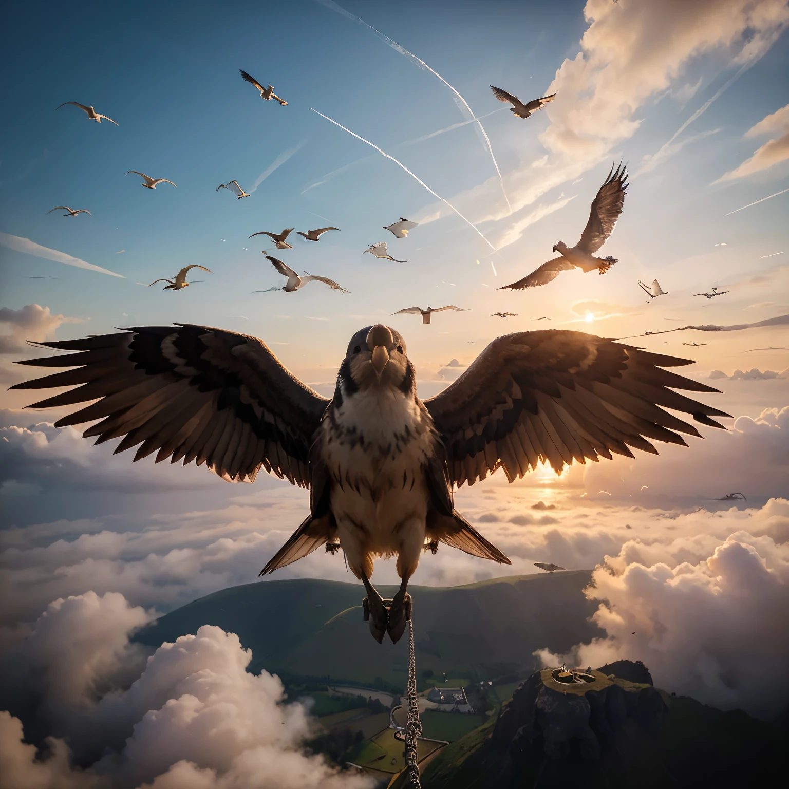 "Ein realistisches Bild eines Sonnenuntergangs. Im Vordergrund eine gebrochene Kette, which turns into flying birds. The chain starts at the bottom left and turns into the birds at the top right. Der Himmel zeigt sanfte Farben von rosa und orange."