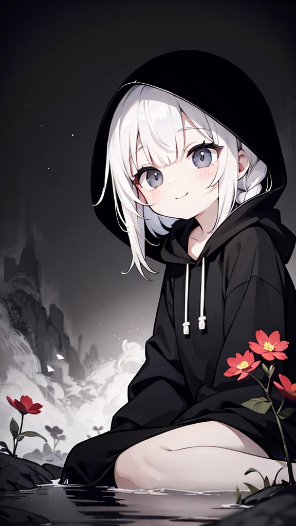 Solitary,1 female\(grim Reaper,Lovely,Kawaii,10 years old,Hair color: white,Braided hair,messy hair,Dark eye color,big eyes,White skin,A big smile,enjoy,whole body,穿着grim Reaper的黑色长袍,(black hood),Holding a sickle,Skip,Flower Hair Accessories,white hair,(The body is transparent:0.8)\),background\((Black sky:1.5),(Skull on the ground),(Withered flowers all over the ground),(Red Water)\), rest ,quality\(8K,Extremely detailed CG unit wallpaper, masterpiece,high resolution,top-quality,top-quality real texture skin,Surrealism,提high resolution,RAW photos,Best quality,Very detailed,wallpaper\),Dynamic Angle