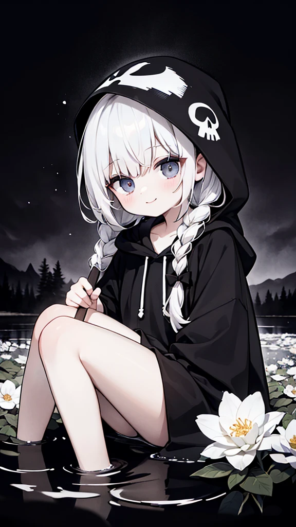 Solitary,1 female\(grim Reaper,Lovely,Kawaii,,Hair color: white,Braided hair,messy hair,Dark eye color,big eyes,White skin,A big smile,enjoy,whole body,穿着grim Reaper的黑色长袍,(black hood),Holding a sickle,Skip,Flower Hair Accessories,white hair,(The body is transparent:0.8)\),background\((Black sky:1.5),(Skull on the ground),(Withered flowers all over the ground),(Red Water)\), rest ,quality\(8K,Extremely detailed CG unit wallpaper, masterpiece,high resolution,top-quality,top-quality real texture skin,Surrealism,提high resolution,RAW photos,Best quality,Very detailed,wallpaper\),Dynamic Angle