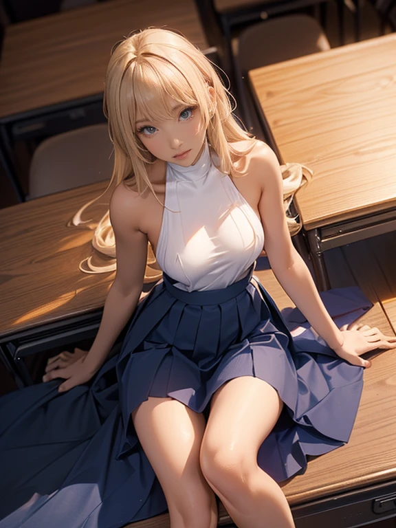 A perfect depiction of beautiful hands and fingers(Increase contrast)、(Increase saturation)、(25歳のDark Skinの女性、stare、Dark Skin)、(((Dark Skin、Brown Skin)))Beautiful woman with perfect figure、Embarrassed face、((((Blonde shoulder-length hair))))(((Black Skin、Super big boobs、Upper body naked、nude、Nipples)))(((Navy Blue Skirt、Ultra mini length))))(((In the classroom)))Super big 、Narrow waist、Long legs、(((Sleep on the desk、Lying on your back、Erotic、Spread your legs)))(((Medium full shot from directly above)))