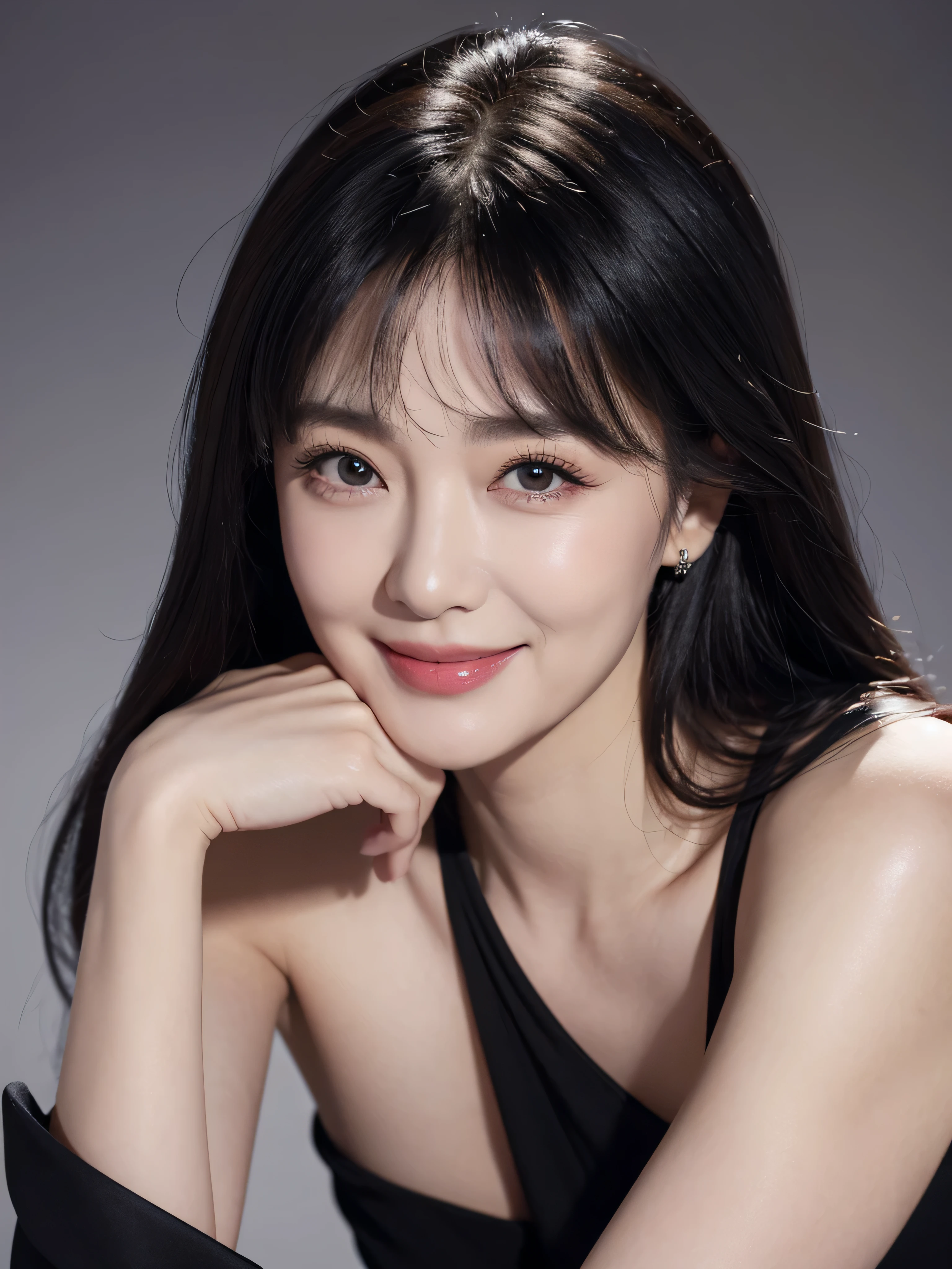 (8k、high resolution、High resolution、Fine details)black tight dress、Cabaret Club、55 years old、Natural Makeup、Bust-up angle、White background、Smile、Black Hair