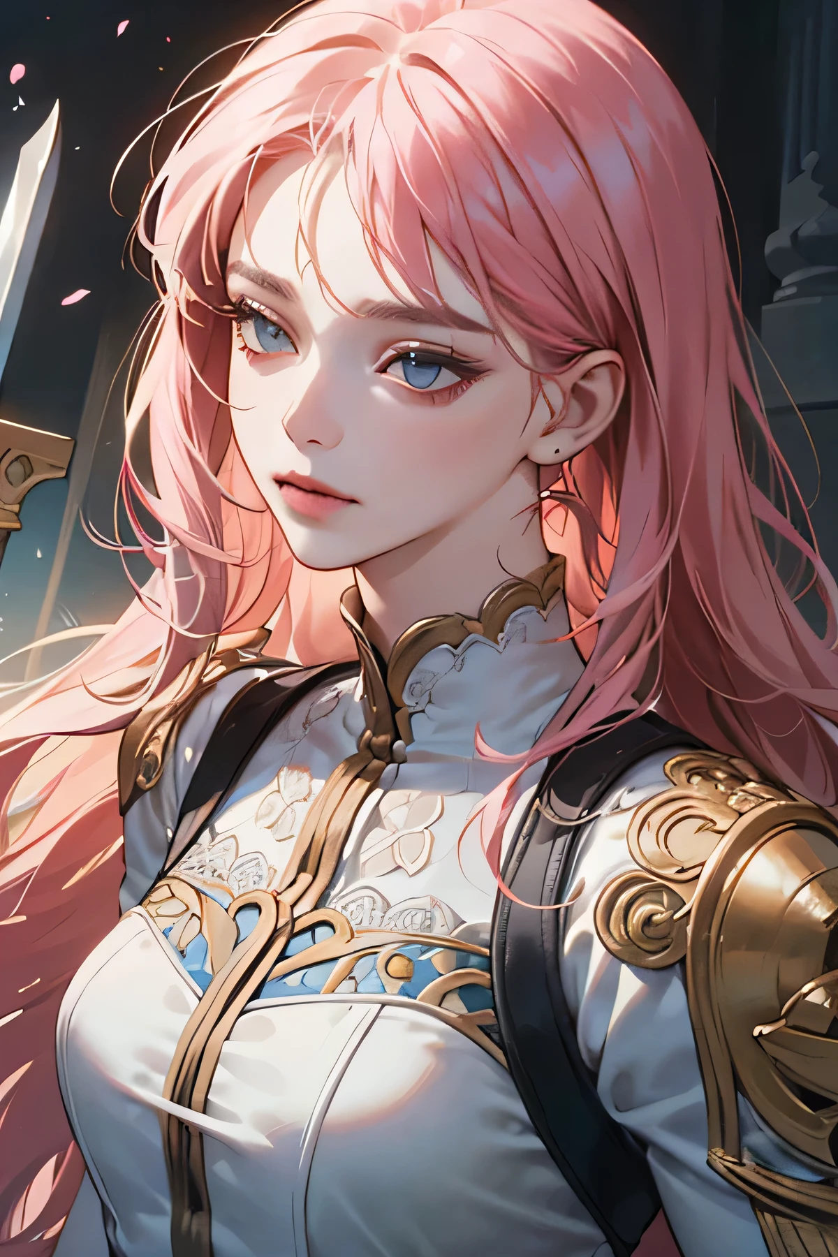 (extreamly delicate and beautiful:1.2), 8K,(masterpiece:1.0),(best_quality:1.0), 1 girl, and intricate detailing, Enlarged textures, and intricate detailing, finely eye and detailed face, and intricate detailing, shiraga, pink long hair, (closed mouths), Perfect eyes, Equal eyes, carolina eyes (A famale warrior) with warrior suit and weapon
