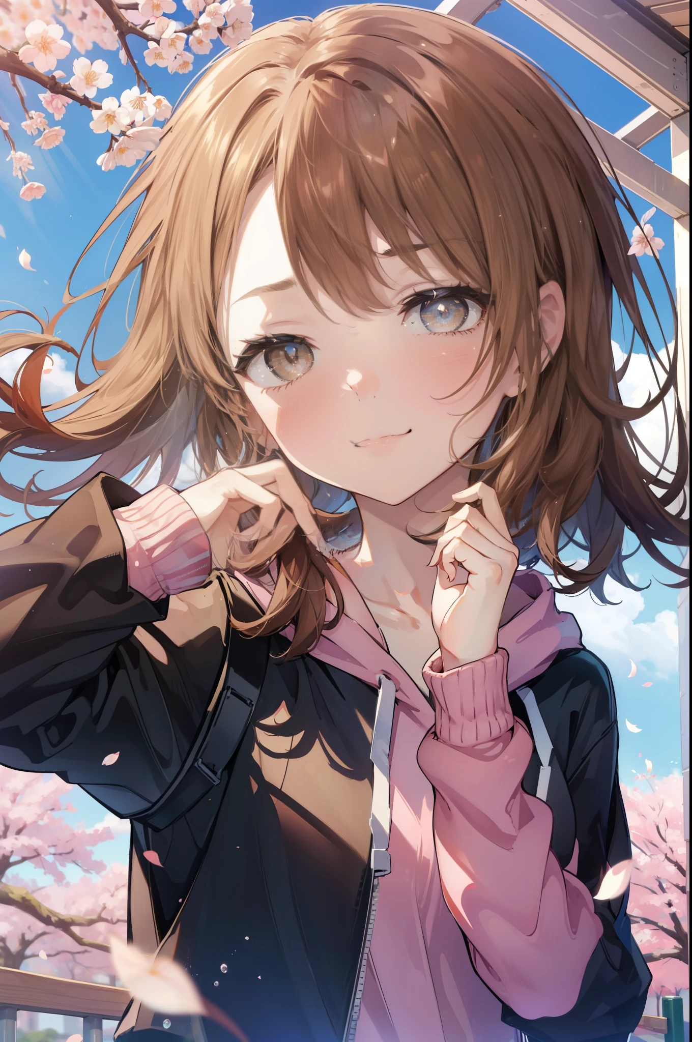 irohaisshiki, iroha isshiki, Long Hair, Brown Hair, (Brown eyes:1.5), happy smile, smile, Open your mouth,Put your hand over your mouth and make a peace sign, 1 girl,To the camera,Pink hoodie,Short denim pants,black tights,short boots,Cherry blossoms are blooming,Cherry blossoms are scattered,whole bodywhole bodyがイラストに入るように,
break indoors, Cherry blossom tree-lined path,
break looking at viewer,whole body,
break (masterpiece:1.2), highest quality, High resolution, unity 8k wallpaper, (shape:0.8), (Beautiful and beautiful eyes:1.6), Highly detailed face, Perfect lighting, Highly detailed CG, (Perfect hands, Perfect Anatomy),