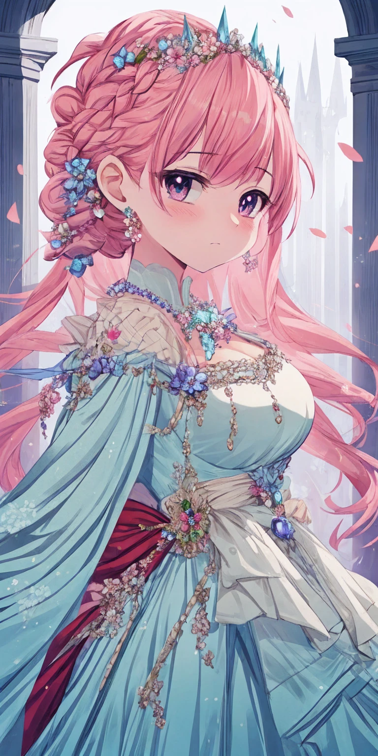 tmasterpiece,Highest high resolution,Beautiful bust of a royal lady,Delicate pink braided hair,Green clear eyes,The hair is covered with beautiful and delicate floral craftsmanship, Crystal jewelry filigree,Ultra-detailed details,upscaled。Soft lighting