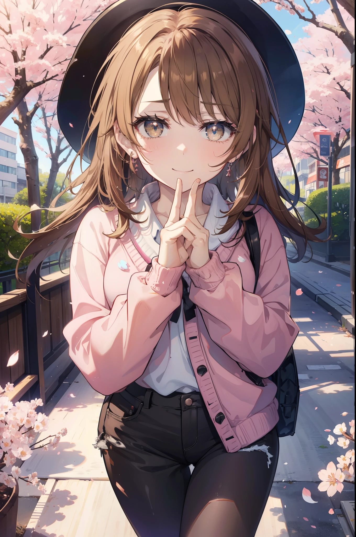 irohaisshiki, iroha isshiki, Long Hair, Brown Hair, (Brown eyes:1.5), happy smile, smile, Open your mouth,Put your hand over your mouth and make a peace sign, 1 girl,To the camera,Pink hoodie,Short denim pants,black tights,short boots,Cherry blossoms are blooming,Cherry blossoms are scattered,whole bodywhole bodyがイラストに入るように,
break indoors, Cherry blossom tree-lined path,
break looking at viewer,whole body,
break (masterpiece:1.2), highest quality, High resolution, unity 8k wallpaper, (shape:0.8), (Beautiful and beautiful eyes:1.6), Highly detailed face, Perfect lighting, Highly detailed CG, (Perfect hands, Perfect Anatomy),
