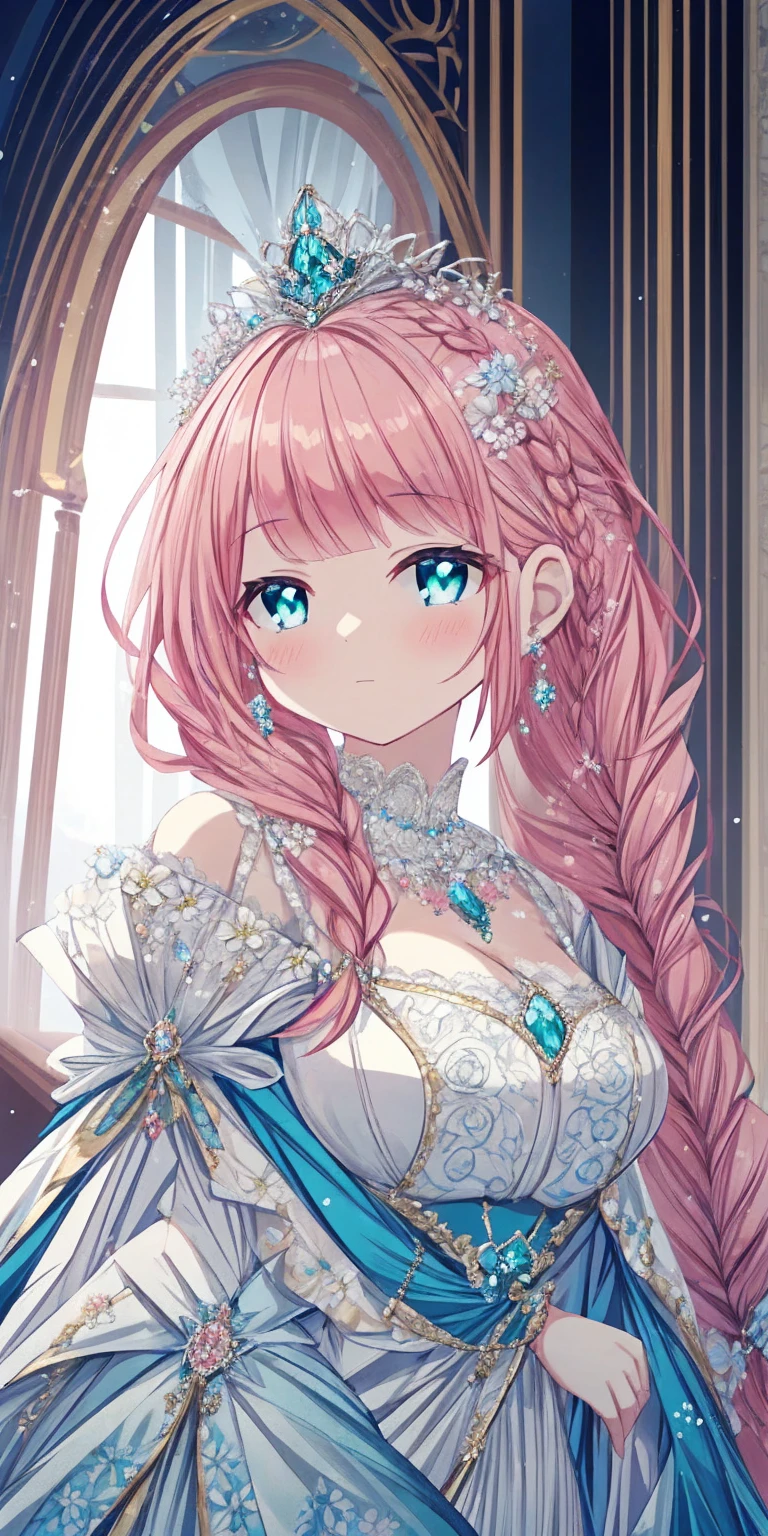 tmasterpiece，Highest high resolution，Beautiful bust of a royal lady，Delicate pink braided hair，Green clear eyes，The hair is covered with beautiful and delicate floral craftsmanship, Crystal jewelry filigree，Ultra-detailed details，upscaled。Soft lighting