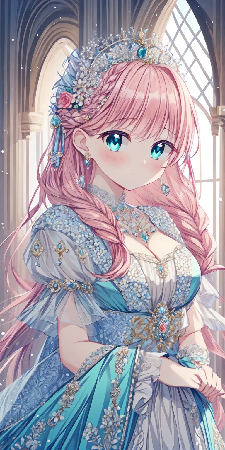 tmasterpiece，Highest high resolution，Beautiful bust of a royal lady，Delicate pink braided hair，Green clear eyes，The hair is covered with beautiful and delicate floral craftsmanship, Crystal jewelry filigree，Ultra-detailed details，upscaled。Soft lighting