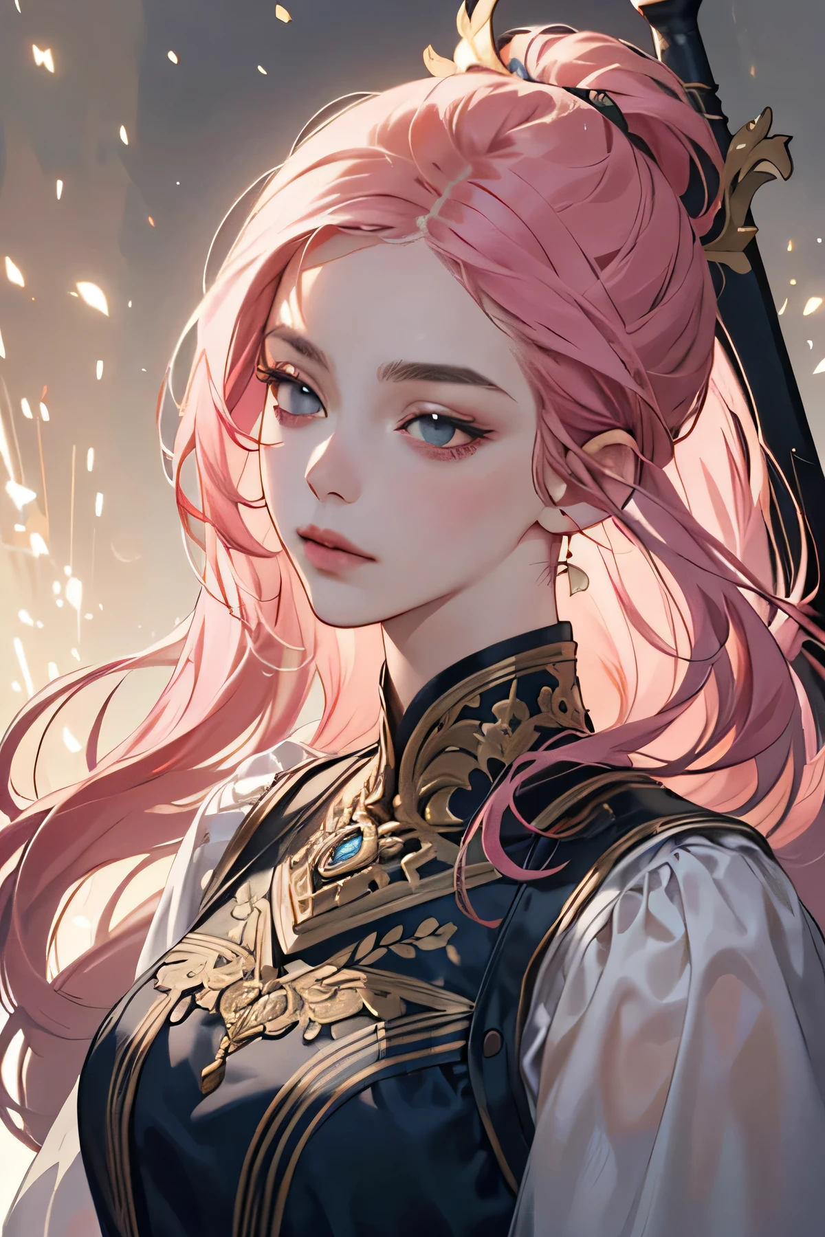 (extreamly delicate and beautiful:1.2), 8K,(masterpiece:1.0),(best_quality:1.0), 1 girl, and intricate detailing, Enlarged textures, and intricate detailing, finely eye and detailed face, and intricate detailing, shiraga, pink long hair, (closed mouths), Perfect eyes, Equal eyes, carolina eyes (A famale warrior) with warrior suit and weapon