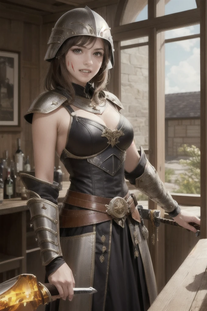 (Skin dentition:1.5), Practical, photoPractical, (masterpiece:1.5), concept art, Intricate details, Very detailed, Octane Rendering, 8K, Unreal Engine, Dynamic poses, best quality, High resolution, ((Dramatic)), epic, Depth of Field, 8K, particle, (Practical Face:1.1, hyperPractical:1.1), ((1 Girl, close up, Medium breasts, perfect eyes, delicate eyes, High quality eyes, perfect_Face, high quality Face, shiny skin:1.2, shiny Face:1.2, Awkward, blush:0.8)), server, Country style pub interior as background, pitcher, symbol, jovial fantasy atmosphere, Detailed background, Blurred wooden bar counter as foreground, (((brown hair, Amber eyes, perfect hands))), ((warrior, sword, spear, shield, armor, helmet, belt, pouch, boots, challenge, Cloak, Wristband, amulet, Oil residue, war paint, Talisman))