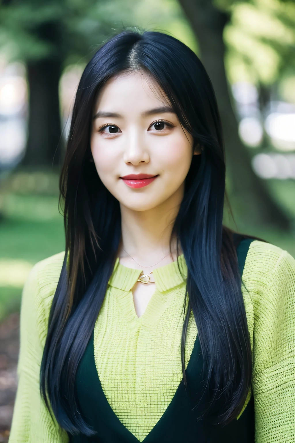 a woman with long hair wearing a black dress and a green belt, jaeyeon nam, portrait of female korean idol, lee ji - eun, lee ji-eun, Yoshitomo Nara, park ji-min, hwang se - on, sui ishida with black hair, lalisa manobal, chiho
