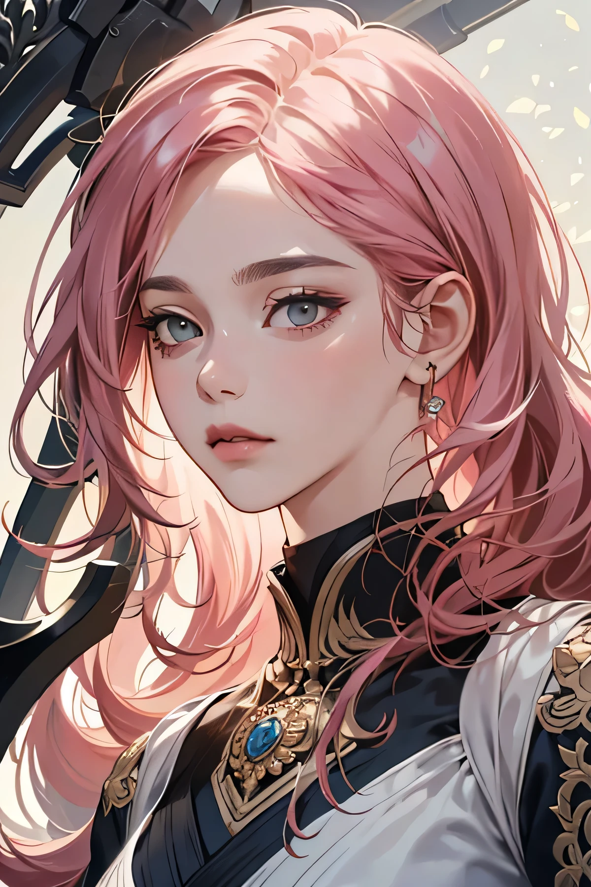(extreamly delicate and beautiful:1.2), 8K,(masterpiece:1.0),(best_quality:1.0), 1 girl, and intricate detailing, Enlarged textures, and intricate detailing, finely eye and detailed face, and intricate detailing, shiraga, pink long hair, (closed mouths), Perfect eyes, Equal eyes, carolina eyes (A famale warrior) with warrior suit and weapon