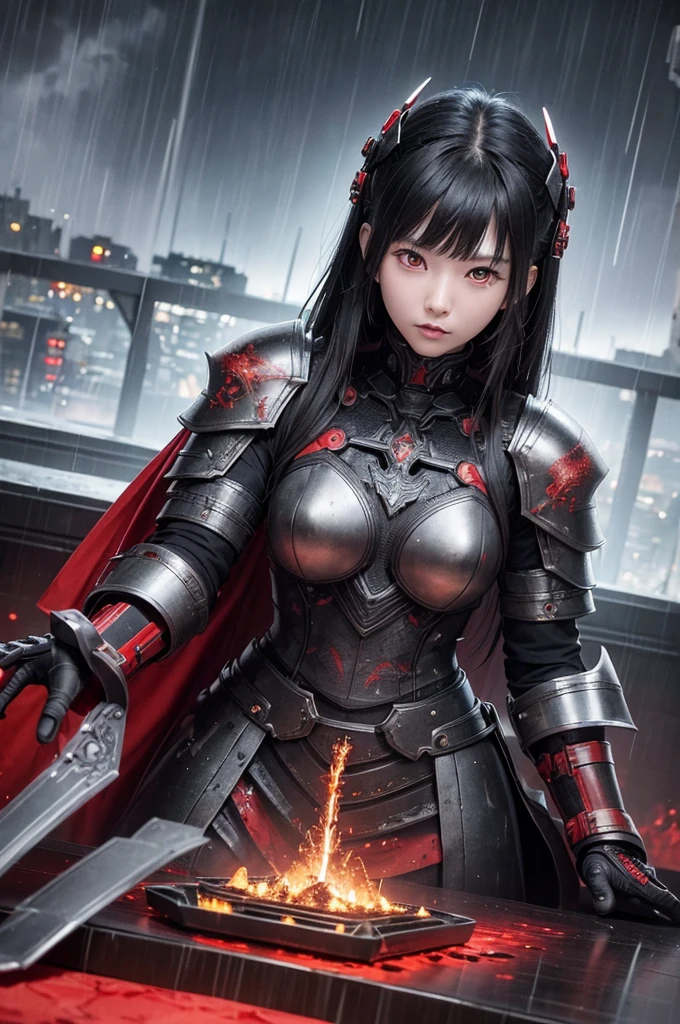 1 Japanese girl, War Armor, complex patterns, Heavy Metals, energy line, The Faceless, Glowing eyes, elegant, powerful, Blood red and black, Solitary, Modern, City, A City scape, dark clouds, thunderstorm, Heavy rain,, Dramatic Lighting,, (On the table:1.2), best quality, high resolution, Beautiful and detailed, Very detailed, Perfect lighting,