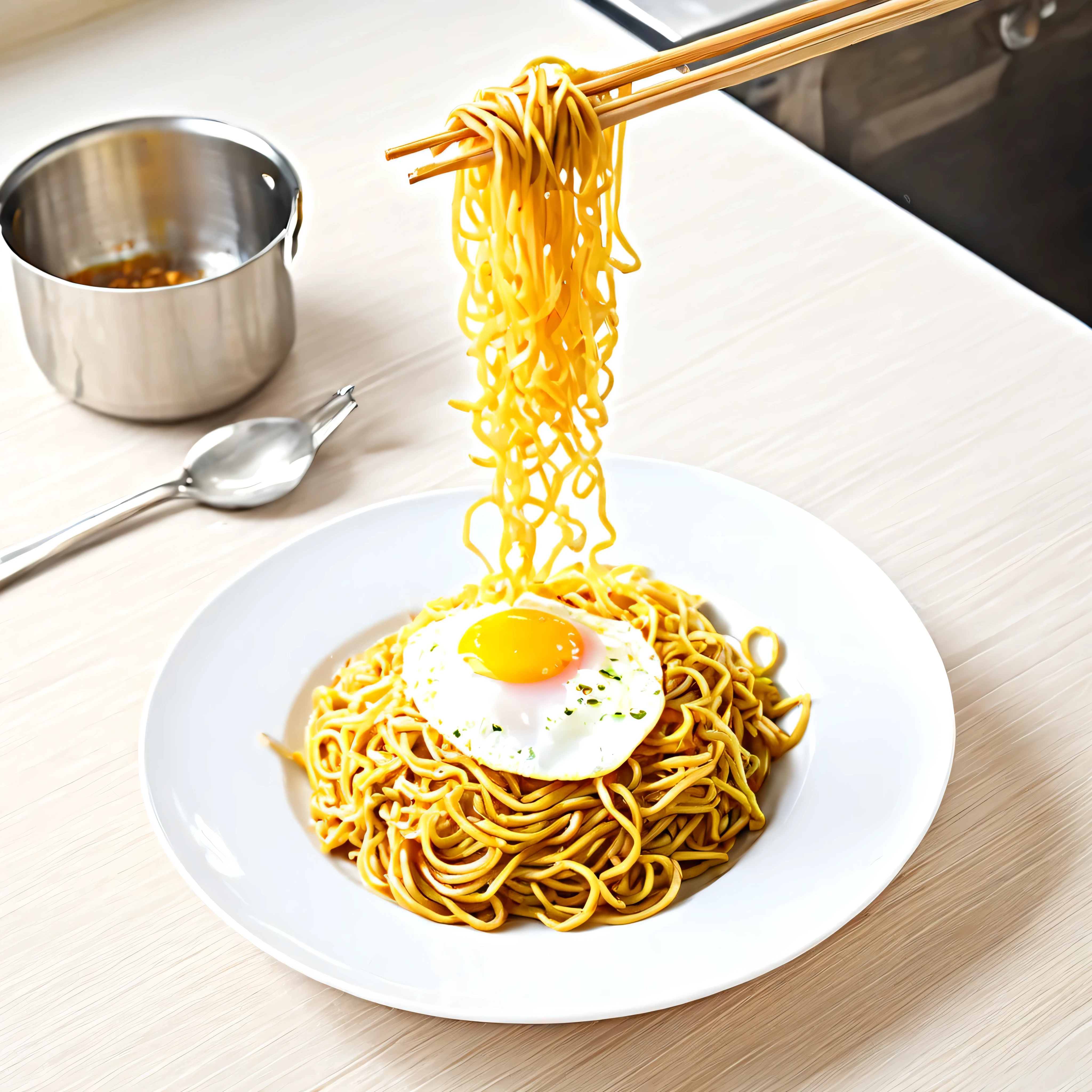 Instant fried noodle, egg, kitchen, table