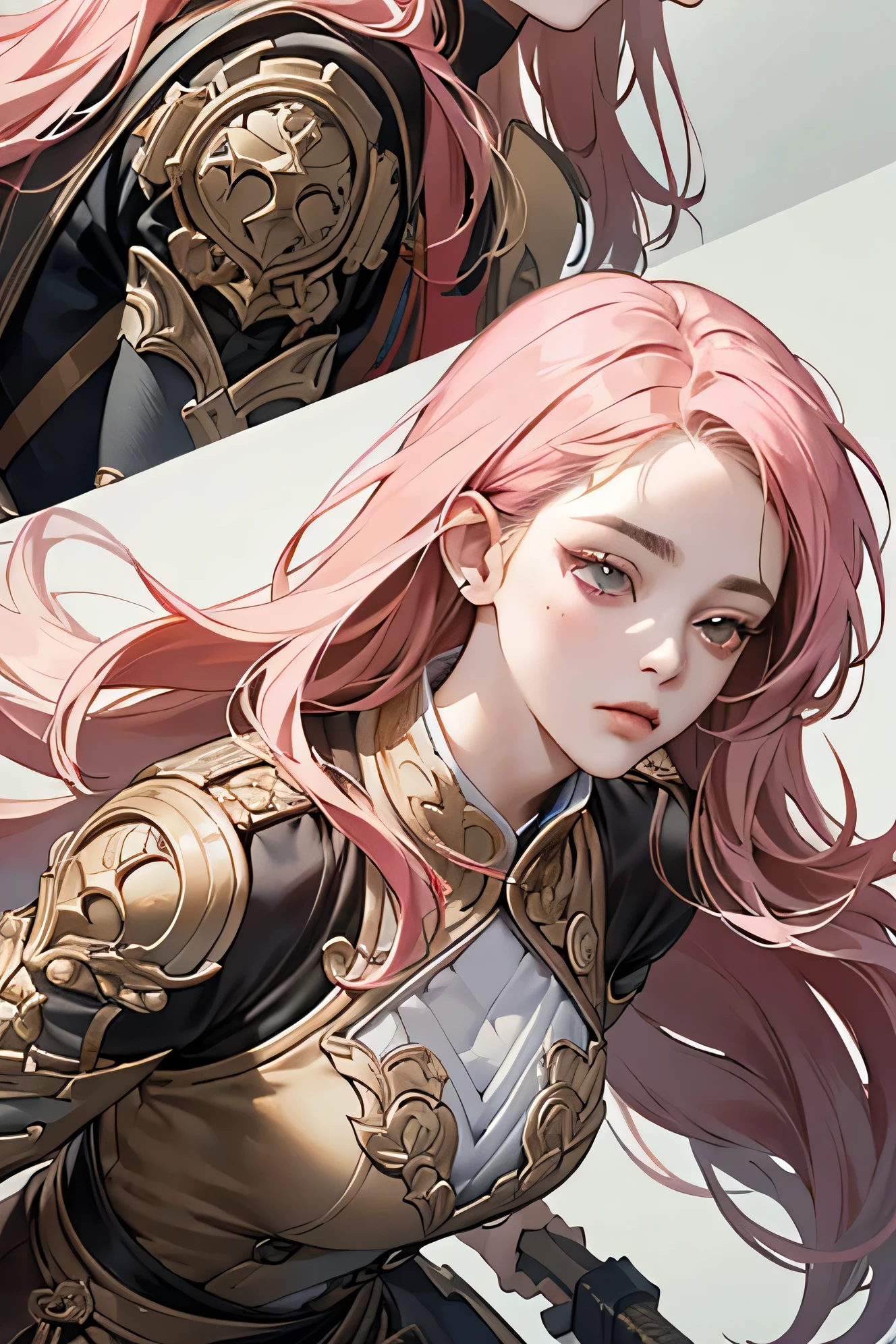(extreamly delicate and beautiful:1.2), 8K,(masterpiece:1.0),(best_quality:1.0), 1 girl, and intricate detailing, Enlarged textures, and intricate detailing, finely eye and detailed face, and intricate detailing, shiraga, pink long hair, (closed mouths), Perfect eyes, Equal eyes, carolina eyes (A famale warrior) with warrior suit and weapon