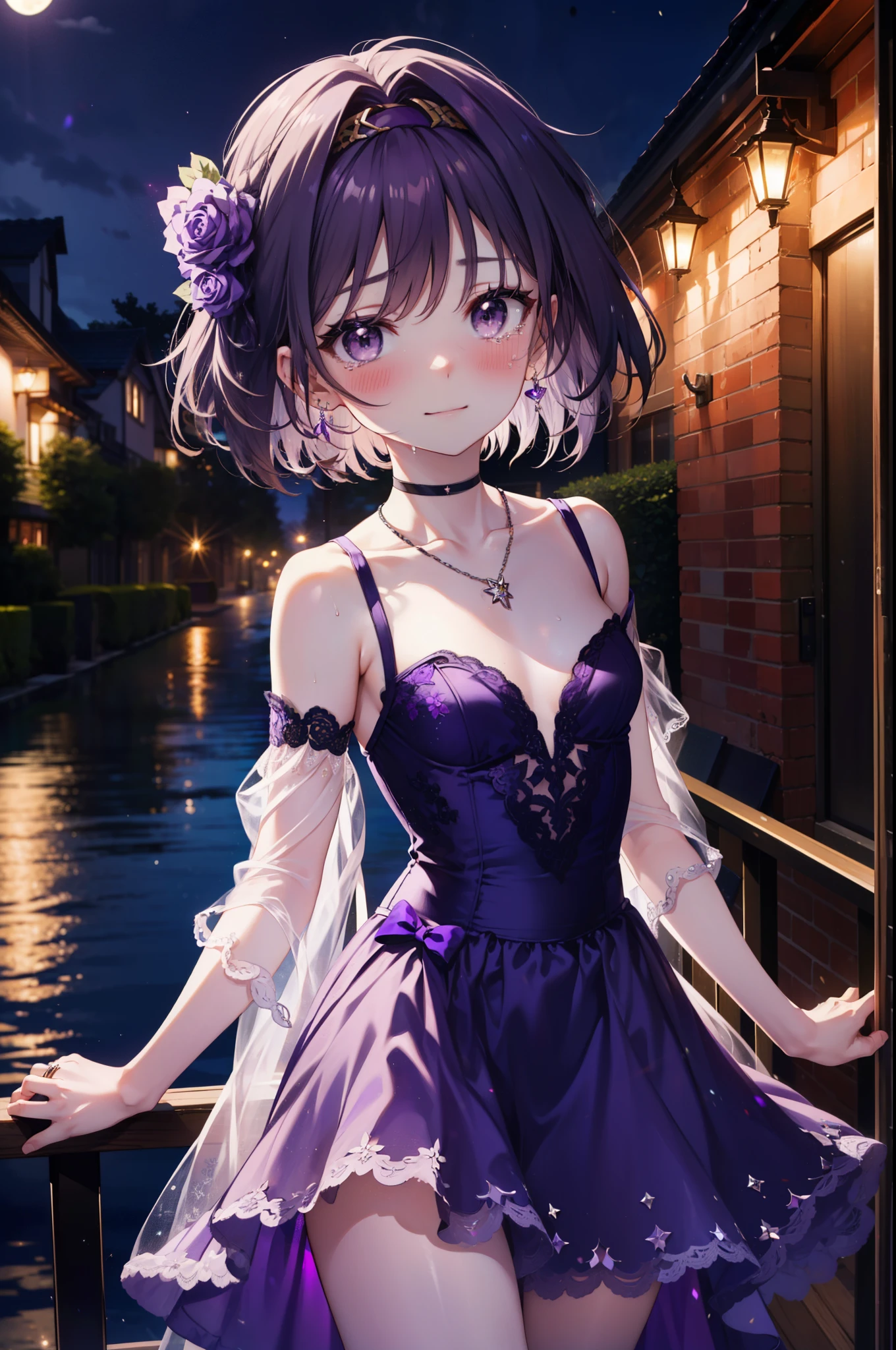 yuukikonno, Yuki Konno,Black Hair,short hair,Bob Hair ,Green headband,(Purple eyes:1.5), (Small breasts:1.2), smile,Purple Dress,Purple long skirt,purple stiletto heels,No sleeve,Expose your shoulders,Bare arms,Bare neck,bare clavicle,He wears a wedding ring on his left hand., was presented before him,Heart Necklace,Tears stream down her face,Tears of joy,I cry a lot,Romantic night view,moonlight,
break outdoors, hill,
break looking at viewer, (Cowboy Shot:1.5),
break (masterpiece:1.2), highest quality, High resolution, unity 8k wallpaper, (shape:0.8), (Beautiful details:1.6), Highly detailed face, Perfect lighting, Highly detailed CG, (Perfect hands, Perfect Anatomy),