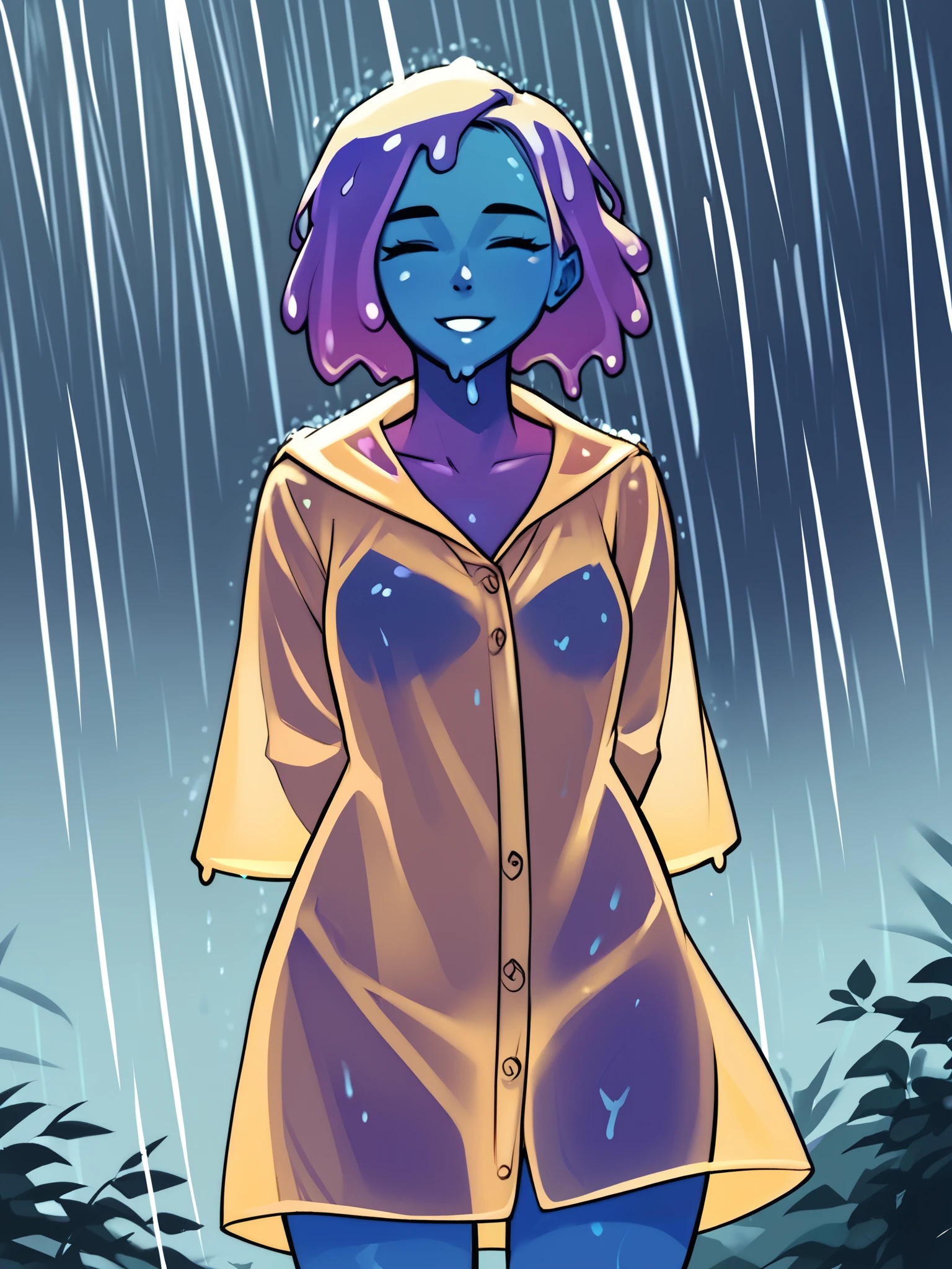 score_9, score_8_up, score_7_up, score_6_up, score_5_up, score_4_up, source_anime, slime girl, purple and cyan gradient skin, translucent yellow (raincoat:1.1), hands behind back, tilted forward, playful, happy, wet, outside, rural town, heavy rain, (raining:1.1), wind, cowboy shot, humanoid, solo, detailed, beautiful
