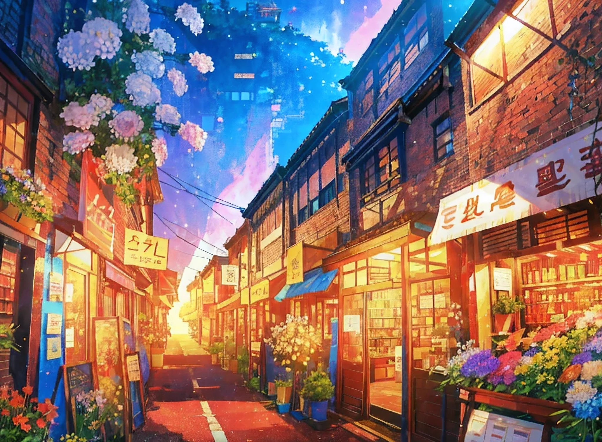 there is a store with many plants and flowers on the outside, high detailed store, flower shop scene, by Yang J, anime background art, convenience store, by Kamagurka, pleasant cozy atmosphere, by Ni Yuanlu, detailed scenery —width 672, magic shop, high detailed), dreamy atmosphere, by Arthur Pan, highly detailed scene