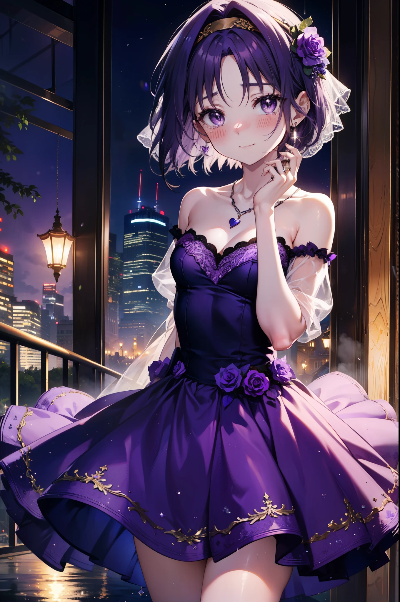 yuukikonno, Yuki Konno,Black Hair,short hair,Bob Hair ,Green headband,(Purple eyes:1.5), (Small breasts:1.2), smile,Purple Dress,Purple long skirt,purple stiletto heels,No sleeve,Expose your shoulders,Bare arms,Bare neck,bare clavicle,He wears a wedding ring on his left hand., was presented before him,Heart Necklace,Tears stream down her face,Tears of joy,I cry a lot,Romantic night view,moonlight,
break outdoors, hill,
break looking at viewer, (Cowboy Shot:1.5),
break (masterpiece:1.2), highest quality, High resolution, unity 8k wallpaper, (shape:0.8), (Beautiful details:1.6), Highly detailed face, Perfect lighting, Highly detailed CG, (Perfect hands, Perfect Anatomy),