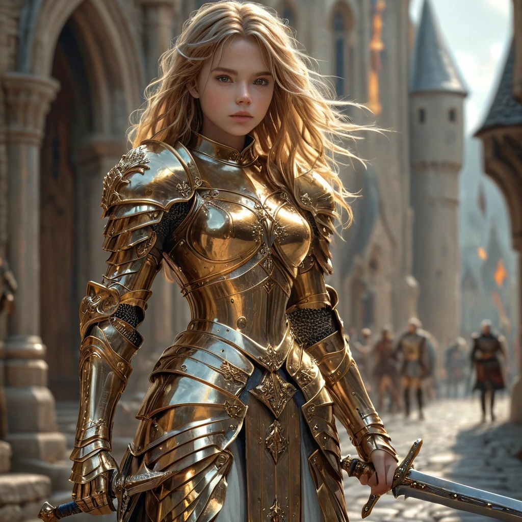 amazing quality, masterpiece, best quality, hyper detailed, ultra detailed, UHD, girl, perfect ???????, perfect body, model, stylish pose, wearing full body golden fantastic armor, holding greatsword, medieval road, (random hair color:1.4),
extremely detailed,