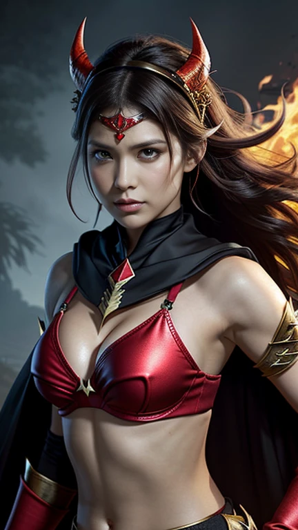 Create a detailed illustration of a fierce female warrior. She wears a headband adorned with intricate decorations, featuring a glowing red gem at its center. Her shoulder guards have short, thick horns at their tips, surrounded by numerous bumps and ridges of various sizes. Her chest armor is shaped like a bikini but has a rugged, crustacean-like texture. She also wears matching gauntlets on her arms. A black cape flows behind her. Her eyes are sharp and filled with hostility. Her hair stands on end like a lion's mane, colored yellow with a streak of red running through the center, resembling flames.