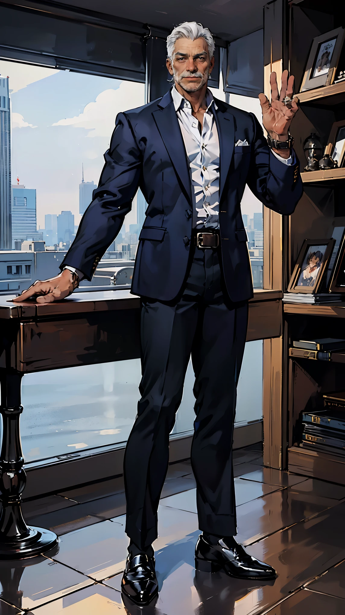 (ultra-detailed, photorealistic, best quality, 4k, 8k, highres, masterpiece:1.3), a mature man, charming and distinguished, standing confidently in a luxurious office setting, He has thick neatly combed silver hair, piercing blue eyes, (muscular build body), wearing tailored white dress shirt, with the top button casually undone, dark navy blazer, perfectly fitted charcoal trousers, polished black Oxfords, Accessories include a luxury wristwatch, understated cufflinks, and a simple yet elegant leather belt, He exudes authority and charisma, with a slight smile that hints at his charm and confidence, The office is modern and sophisticated, with floor-to-ceiling windows that offer a panoramic view of the city skyline, The scene is captured in intricate detail, showcasing his poised stance and commanding presence, (intricate detail, super finely detailed hands, ultra finely detailed fingers, full body showcase, show full body),