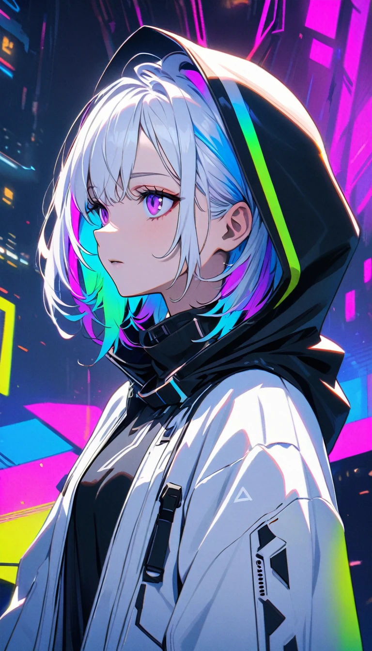 Handsome, Solitary, 1 female, Medium Length Hair, white hair, Rainbow hair, Purple Eyes, Black and white hood, Futuristic, Cyberpunk, Cybernetics