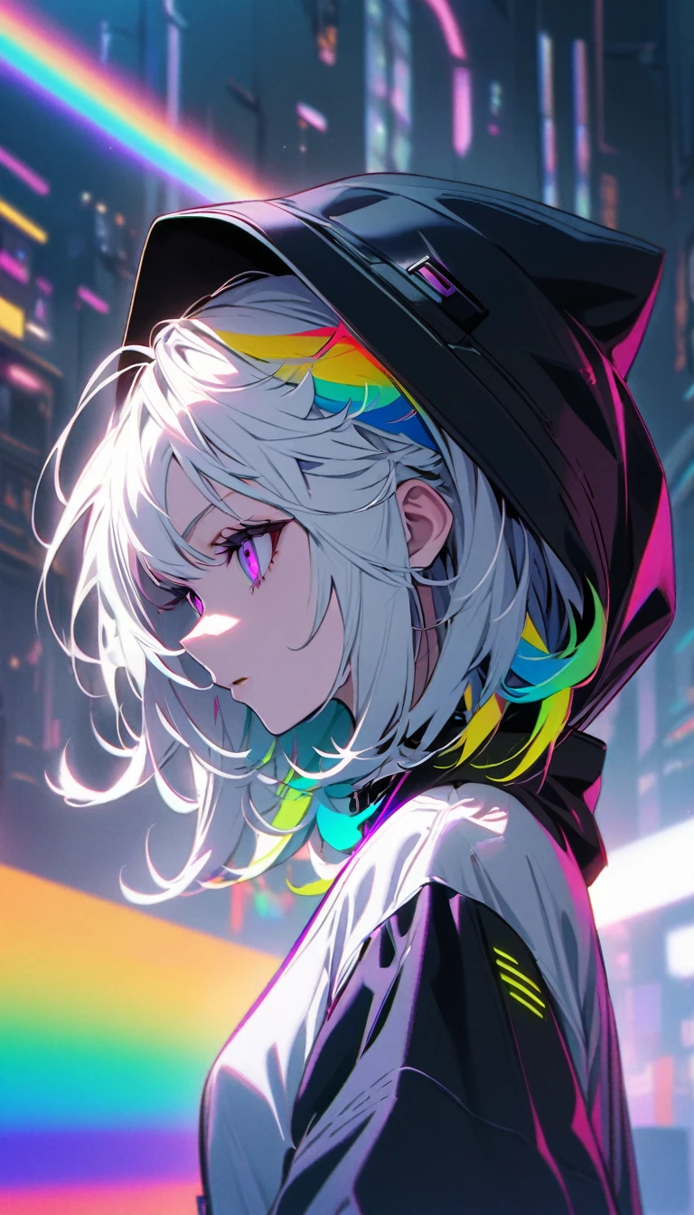 Handsome, Solitary, 1 female, Medium Length Hair, white hair, Rainbow hair, Purple Eyes, Black and white hood, Futuristic, Cyberpunk, Cybernetics