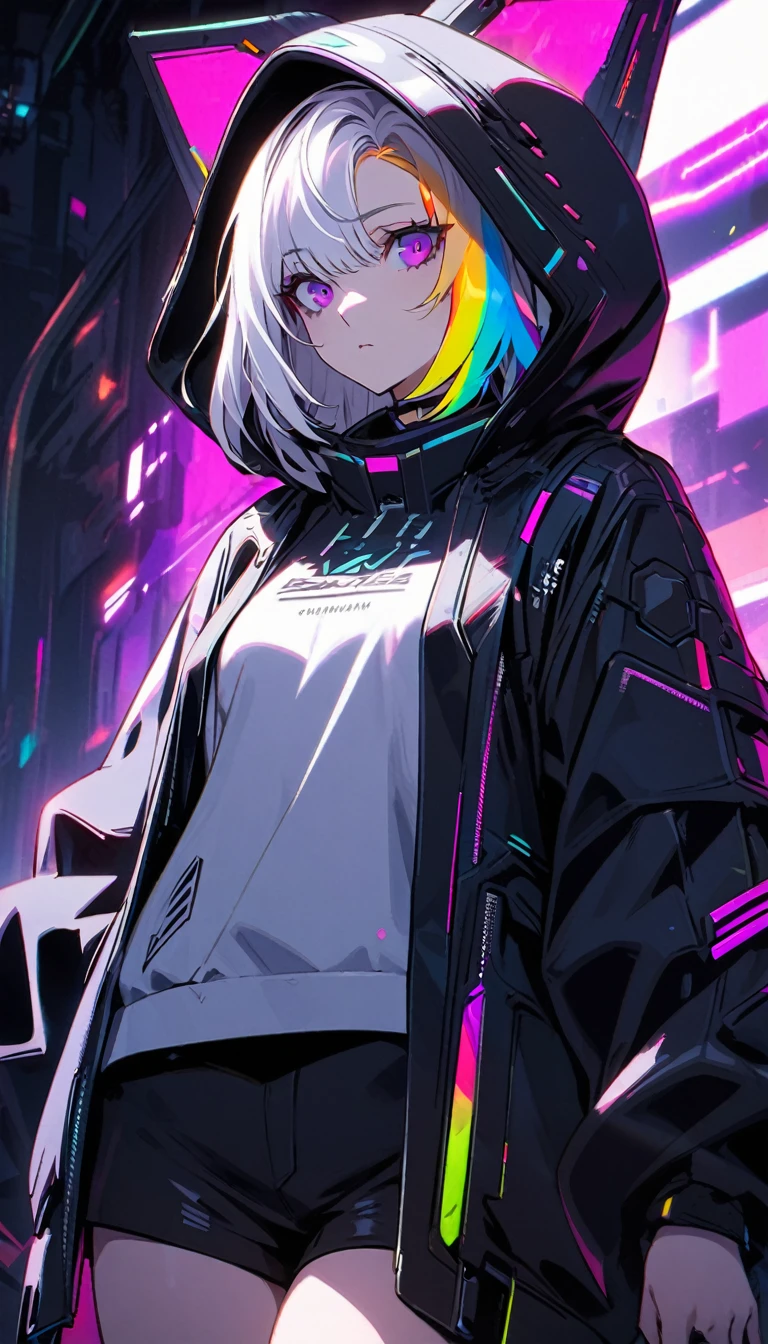 Handsome, Solitary, 1 female, Medium Length Hair, white hair, Rainbow hair, Purple Eyes, Black and white hood, Futuristic, Cyberpunk, Cybernetics